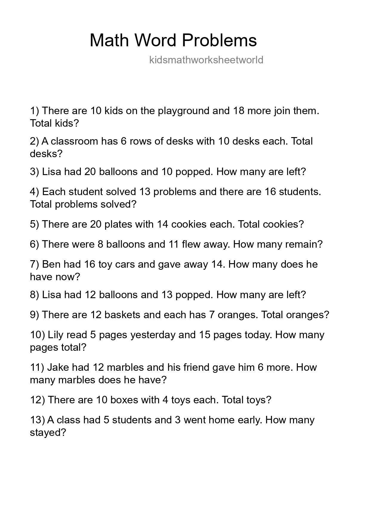 Math Word Problem Worksheet