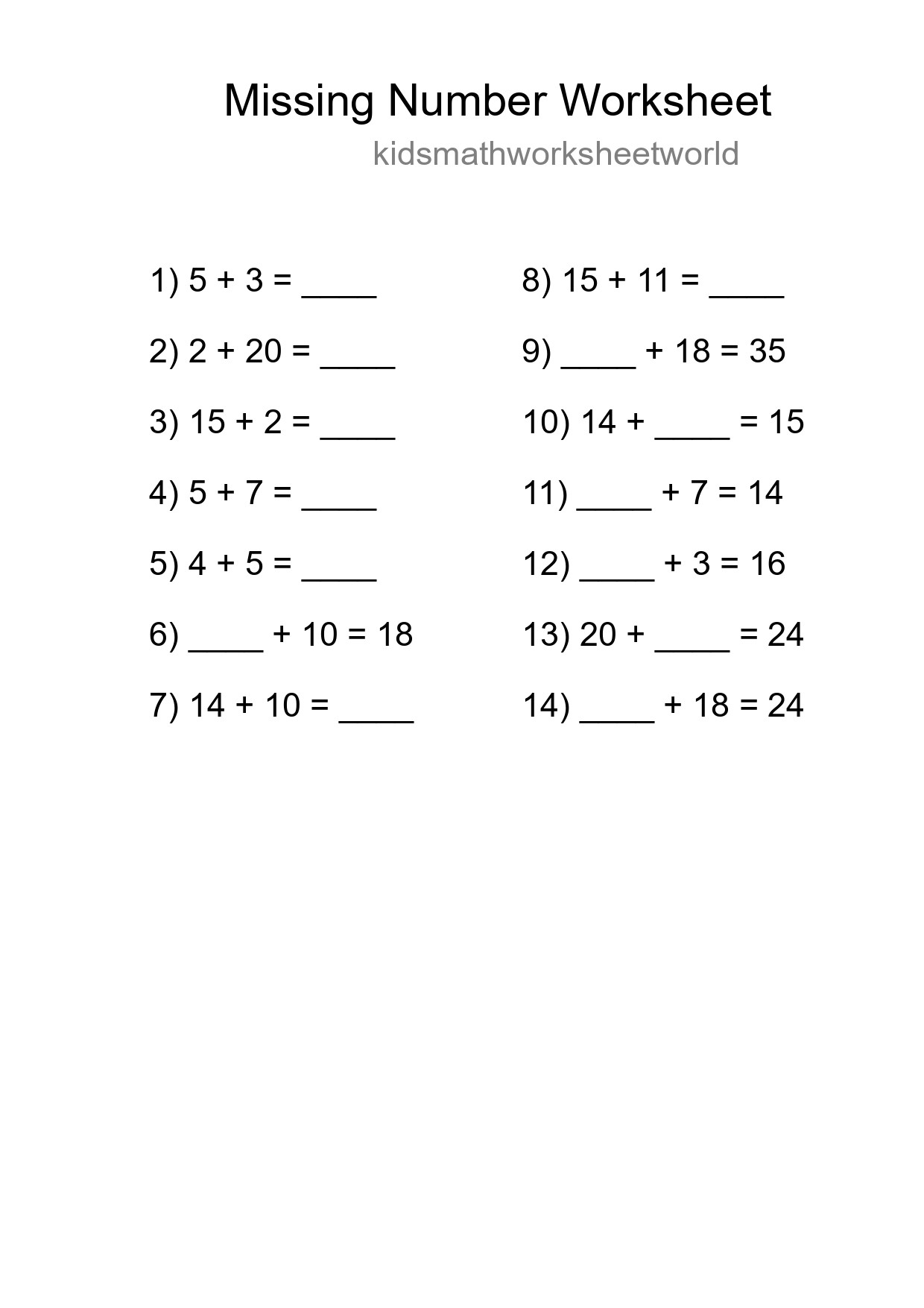 Missing Number Math Worksheet