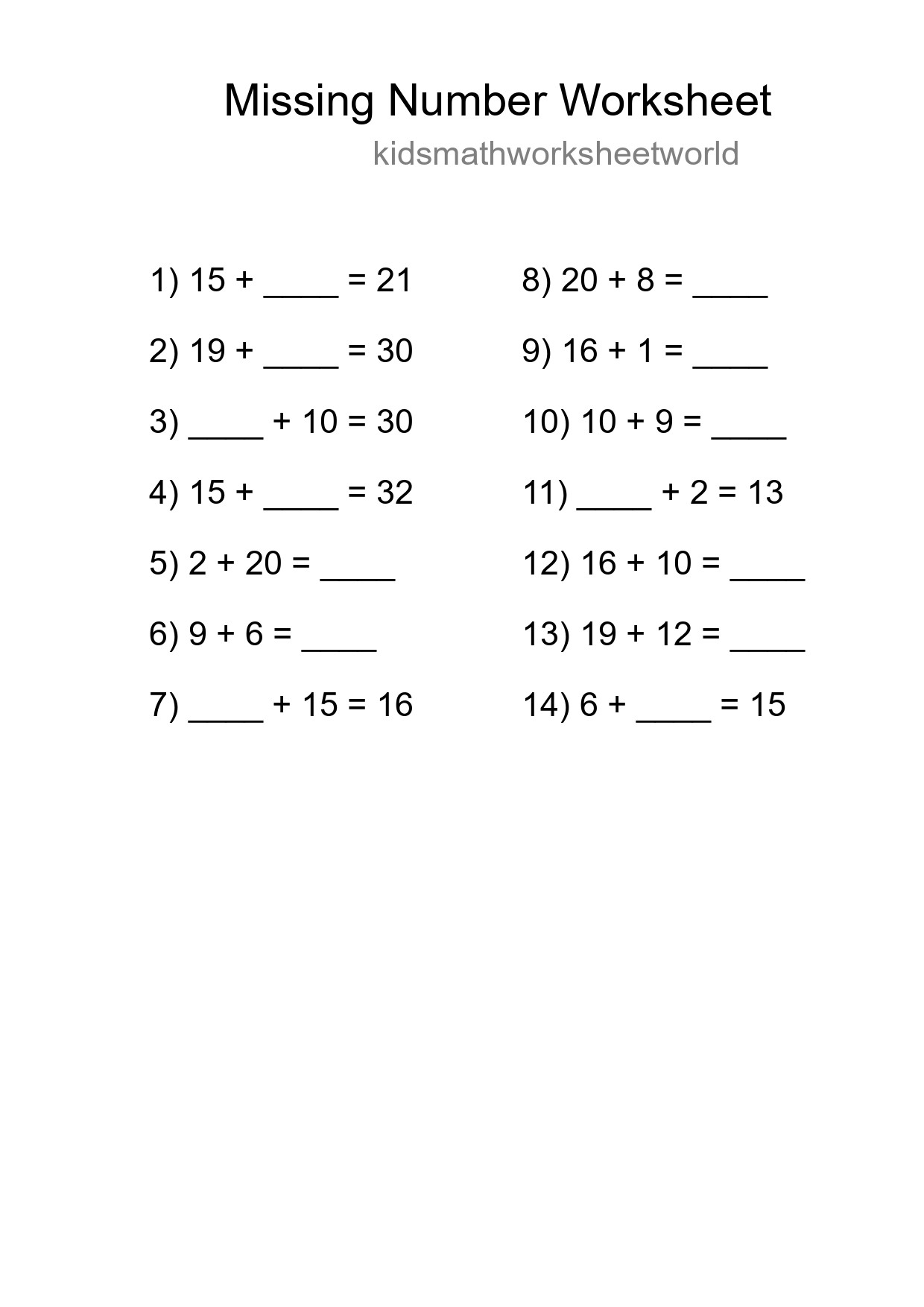 Missing Number Math Worksheet