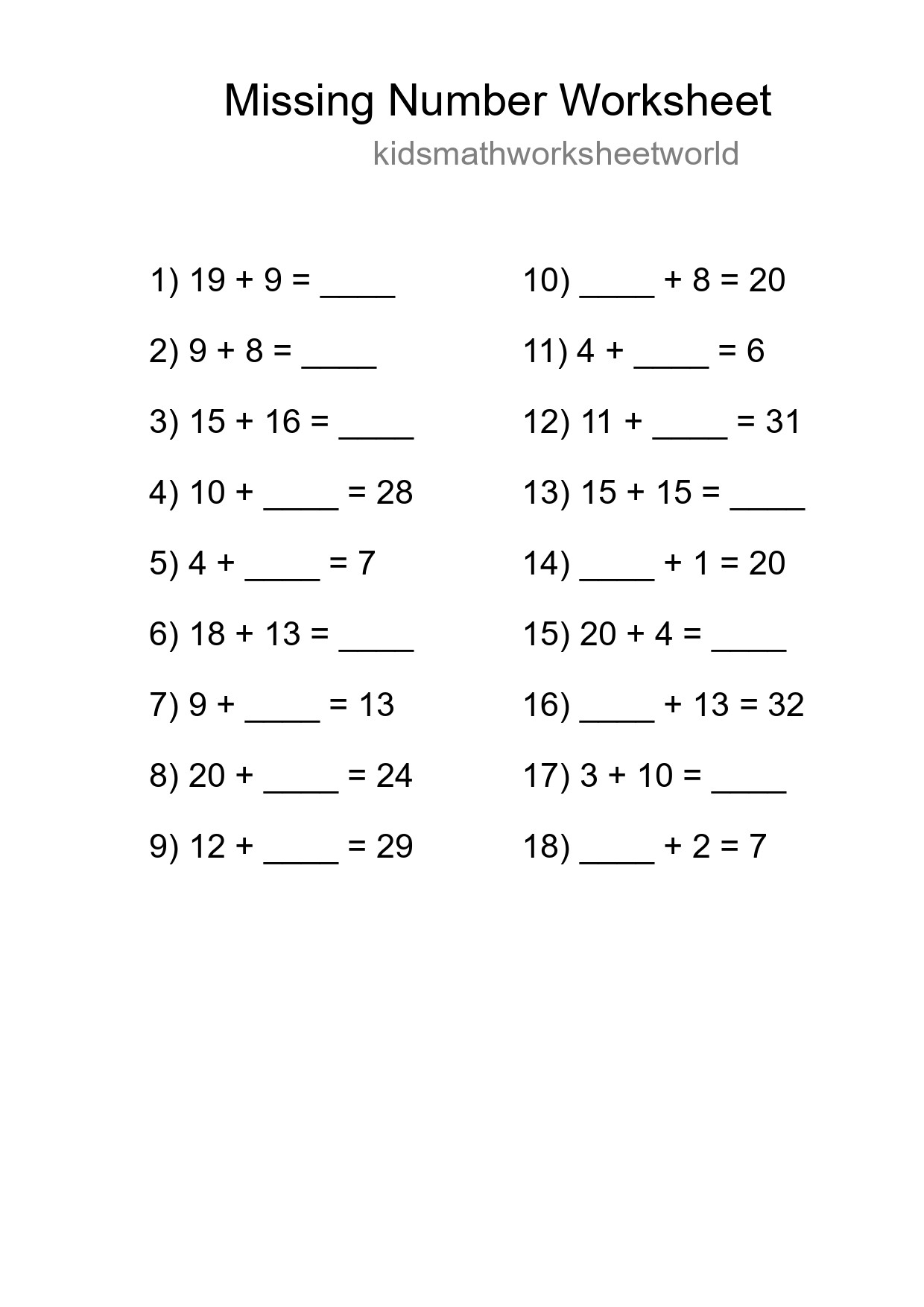 Missing Number Math Worksheet