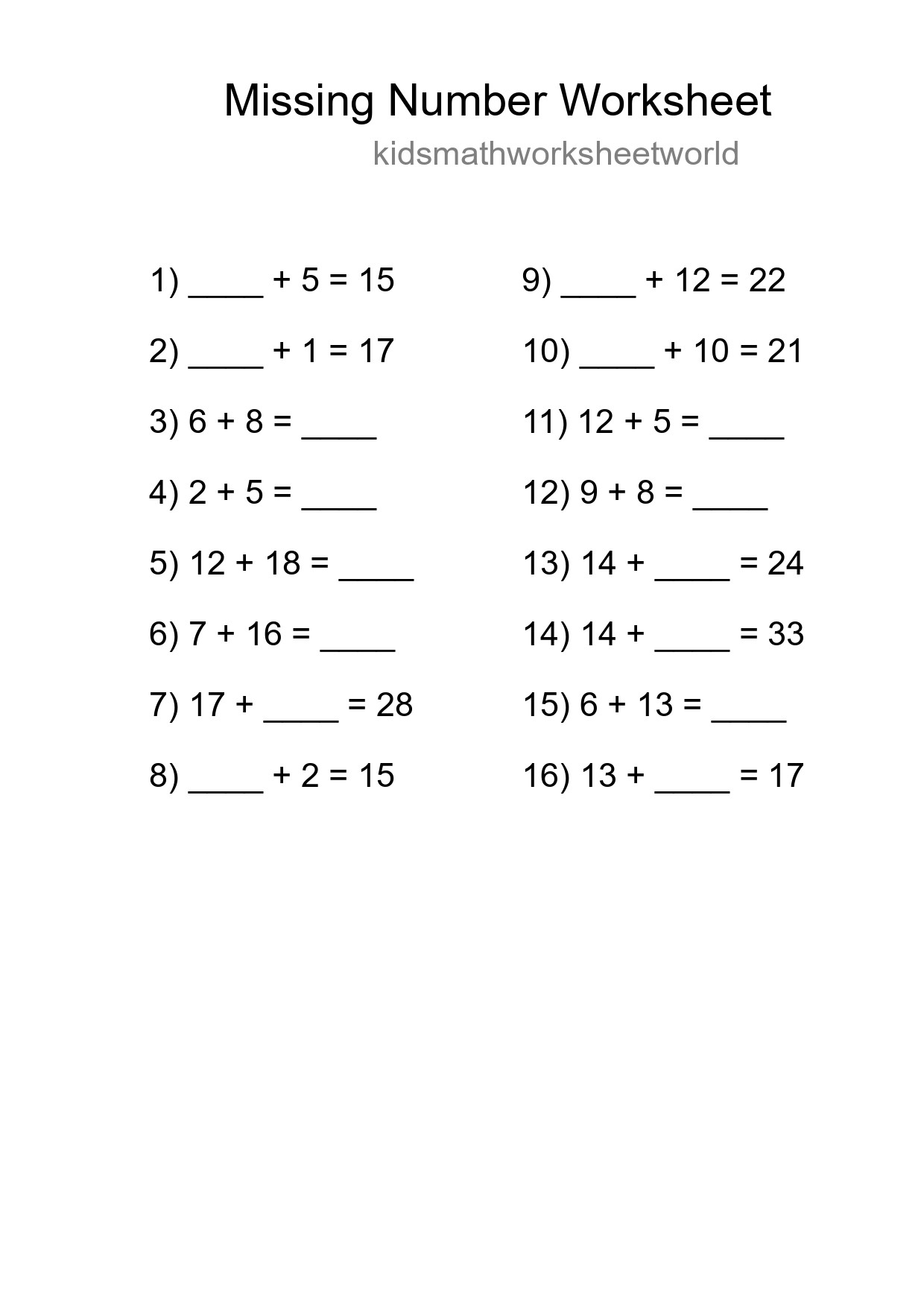 Missing Number Math Worksheet