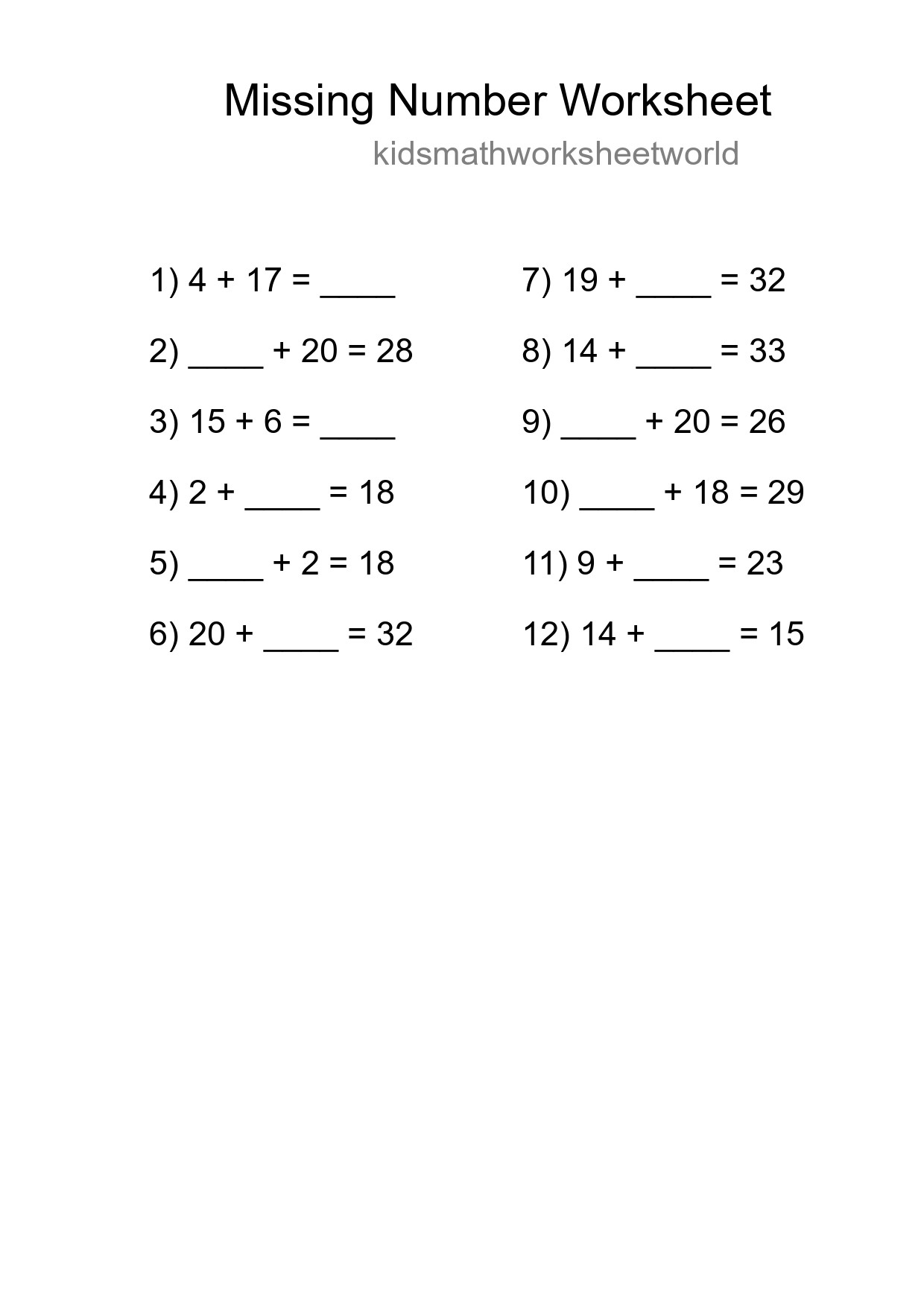 Missing Number Math Worksheet