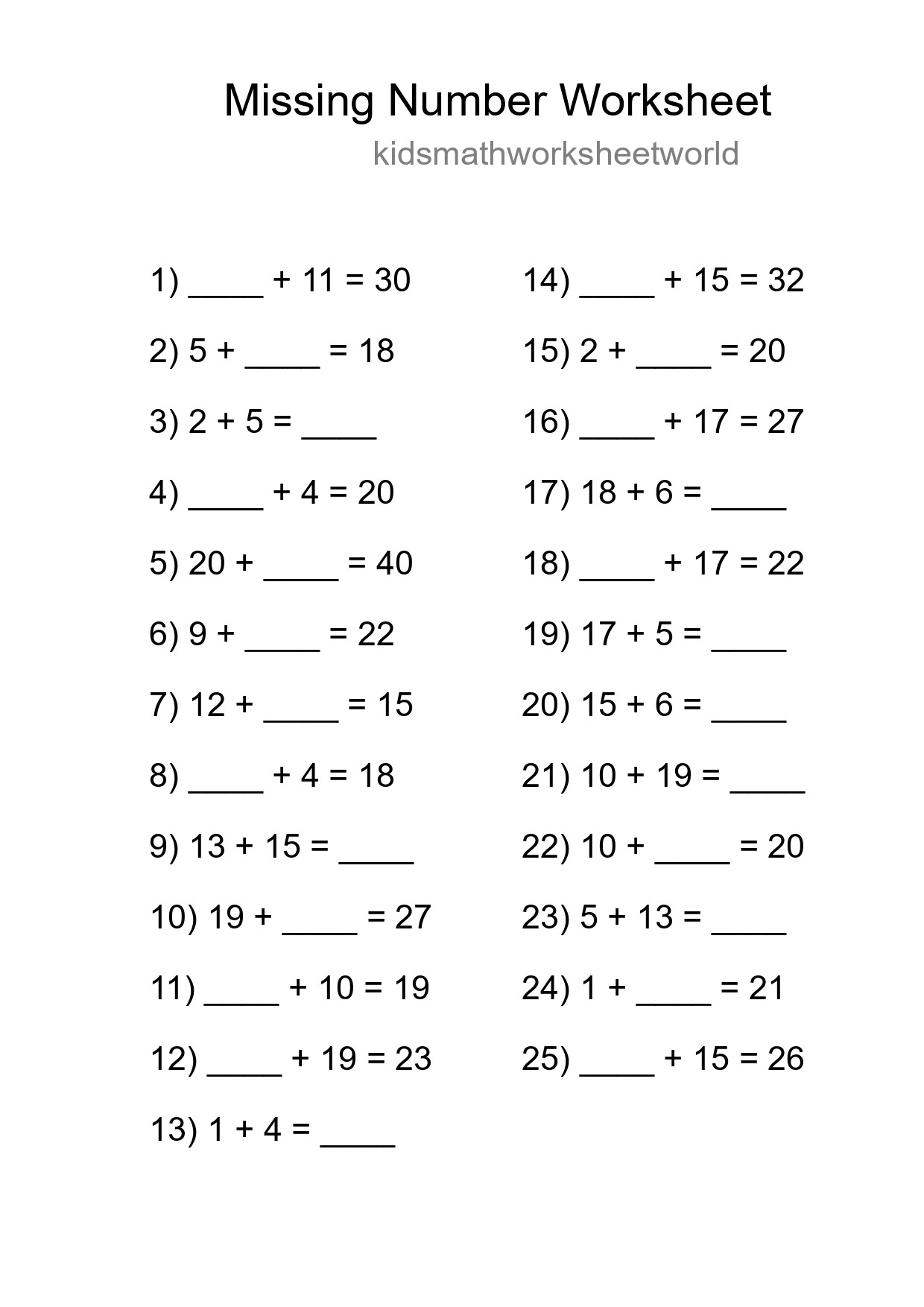 Missing Number Math Worksheet