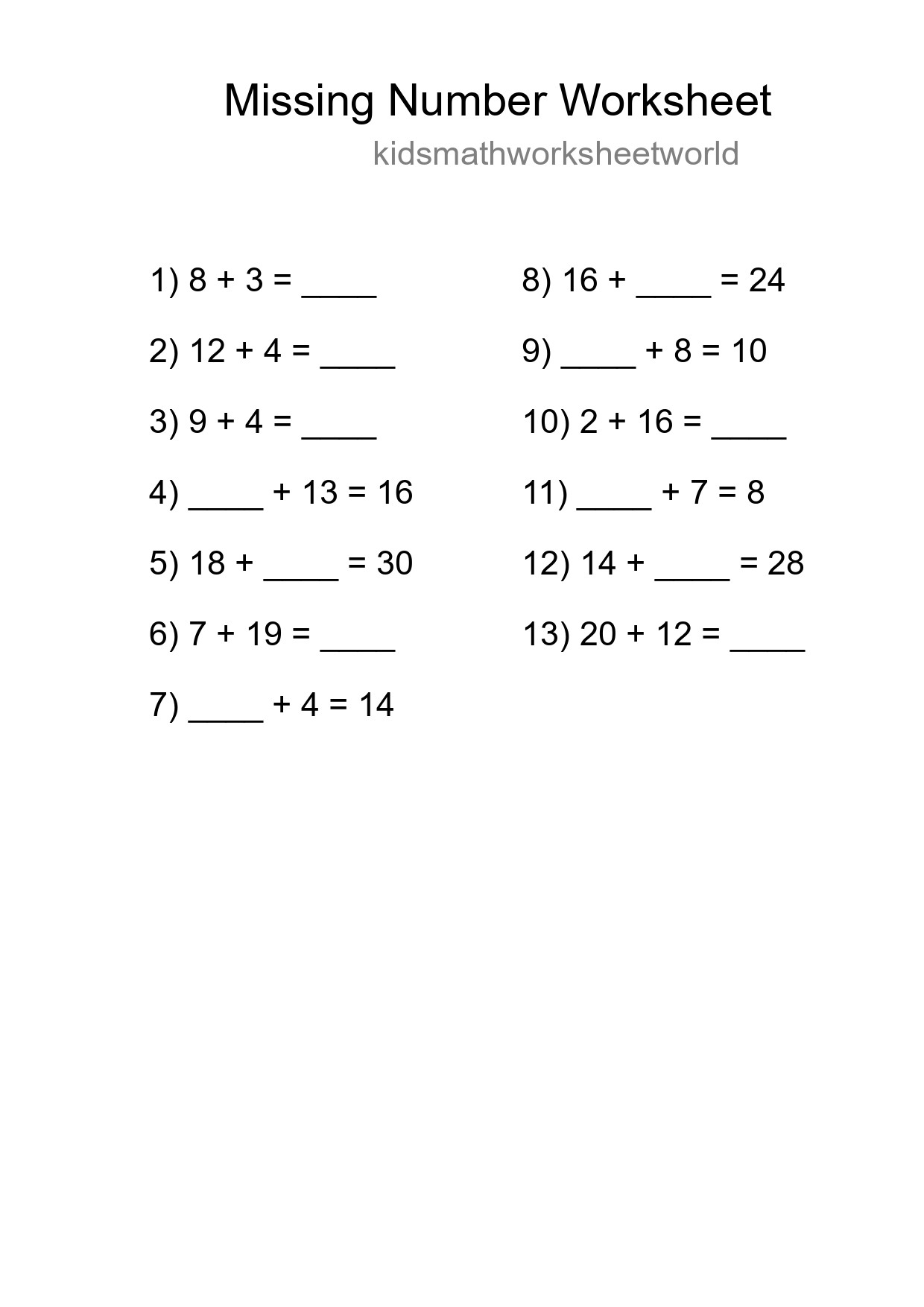 Missing Number Math Worksheet