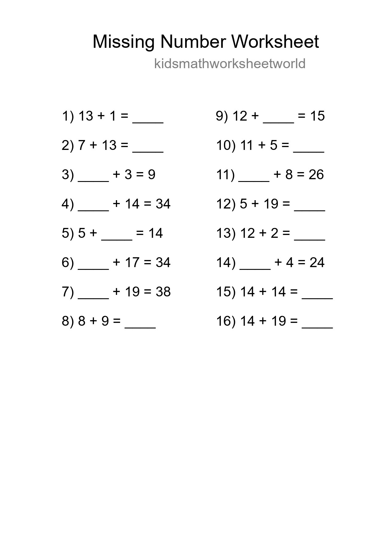 Missing Number Math Worksheet