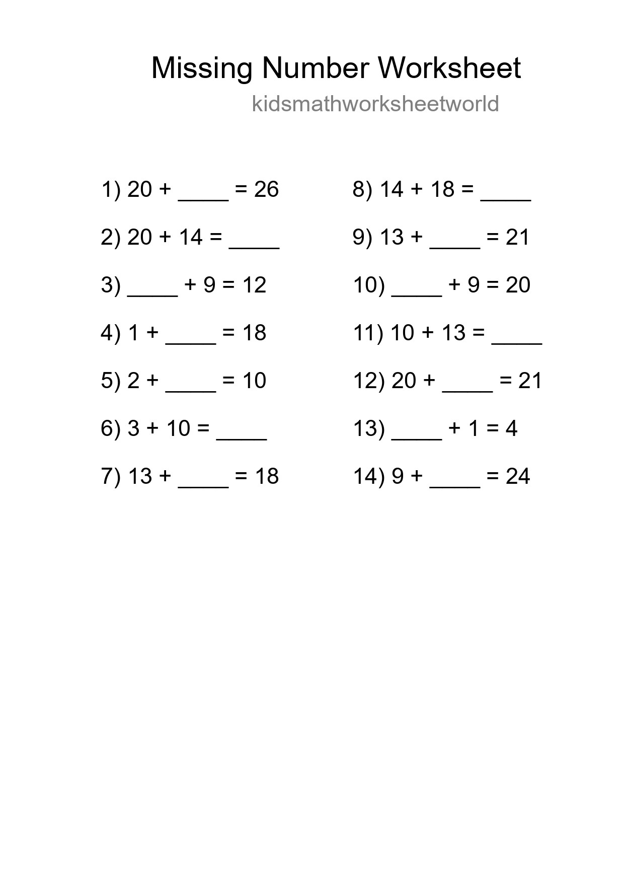 Missing Number Math Worksheet