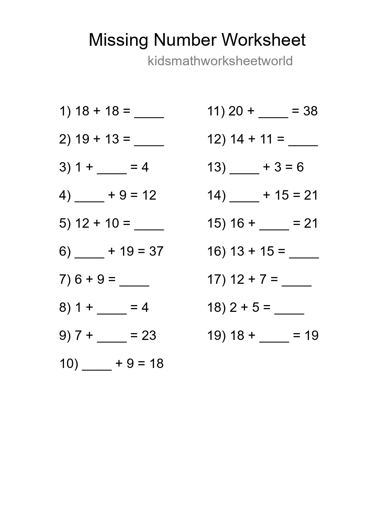 Missing Number Math Worksheet