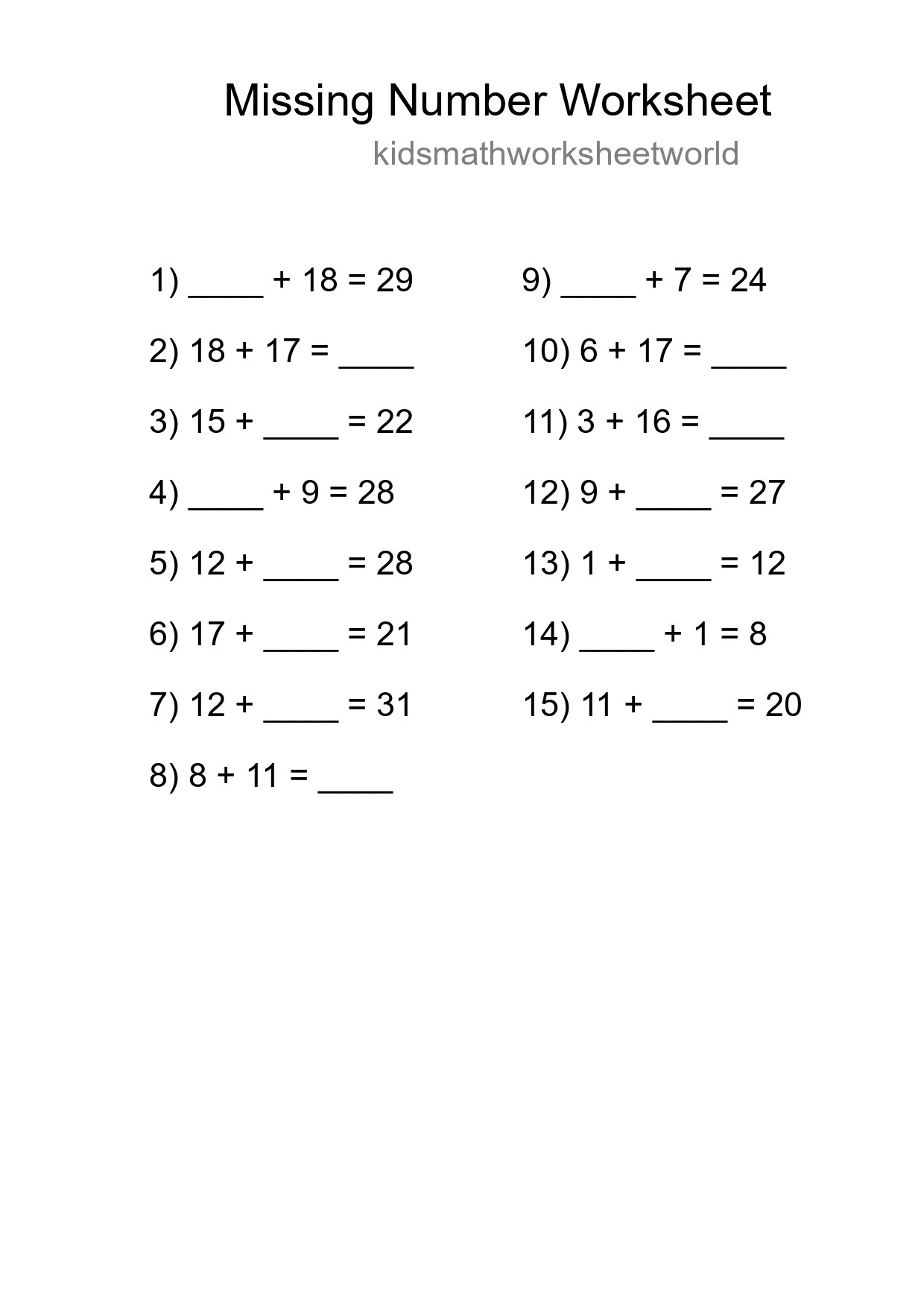 Missing Number Math Worksheet