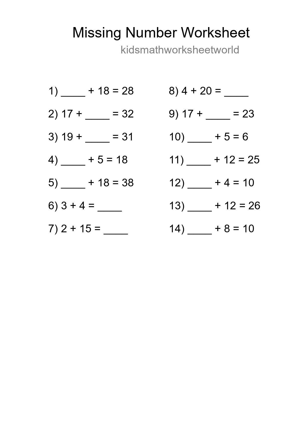 Missing Number Math Worksheet