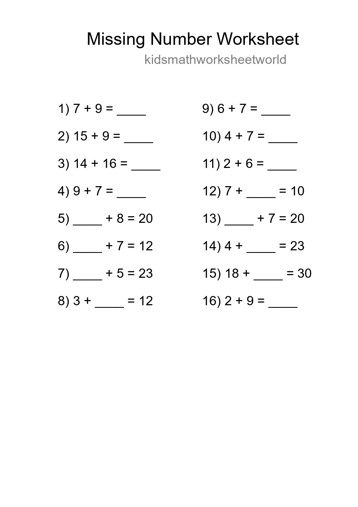 Missing Number Math Worksheet