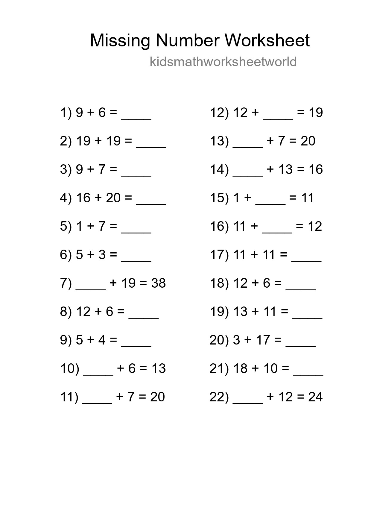 Missing Number Math Worksheet