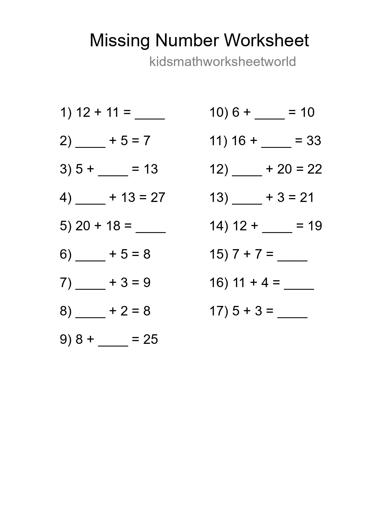 Missing Number Math Worksheet
