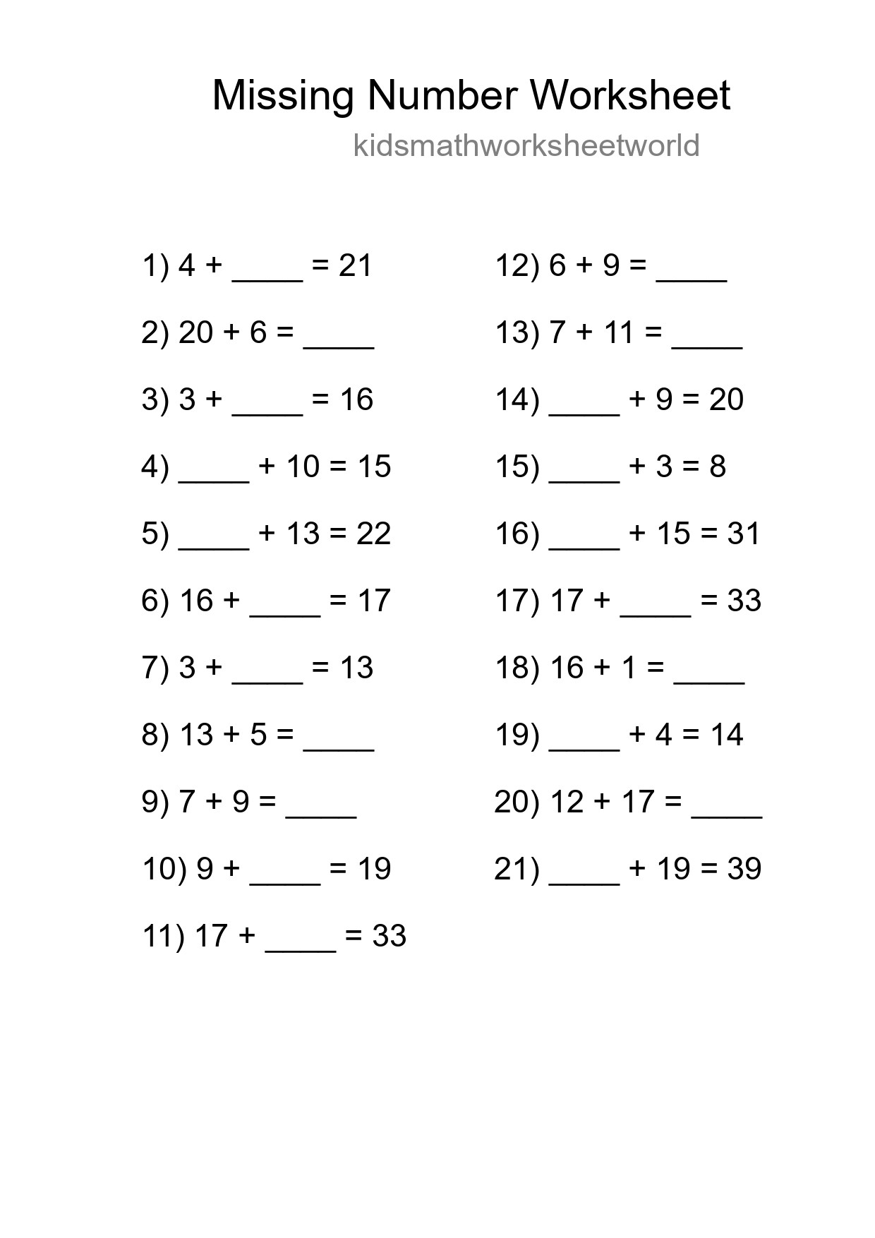 Missing Number Math Worksheet