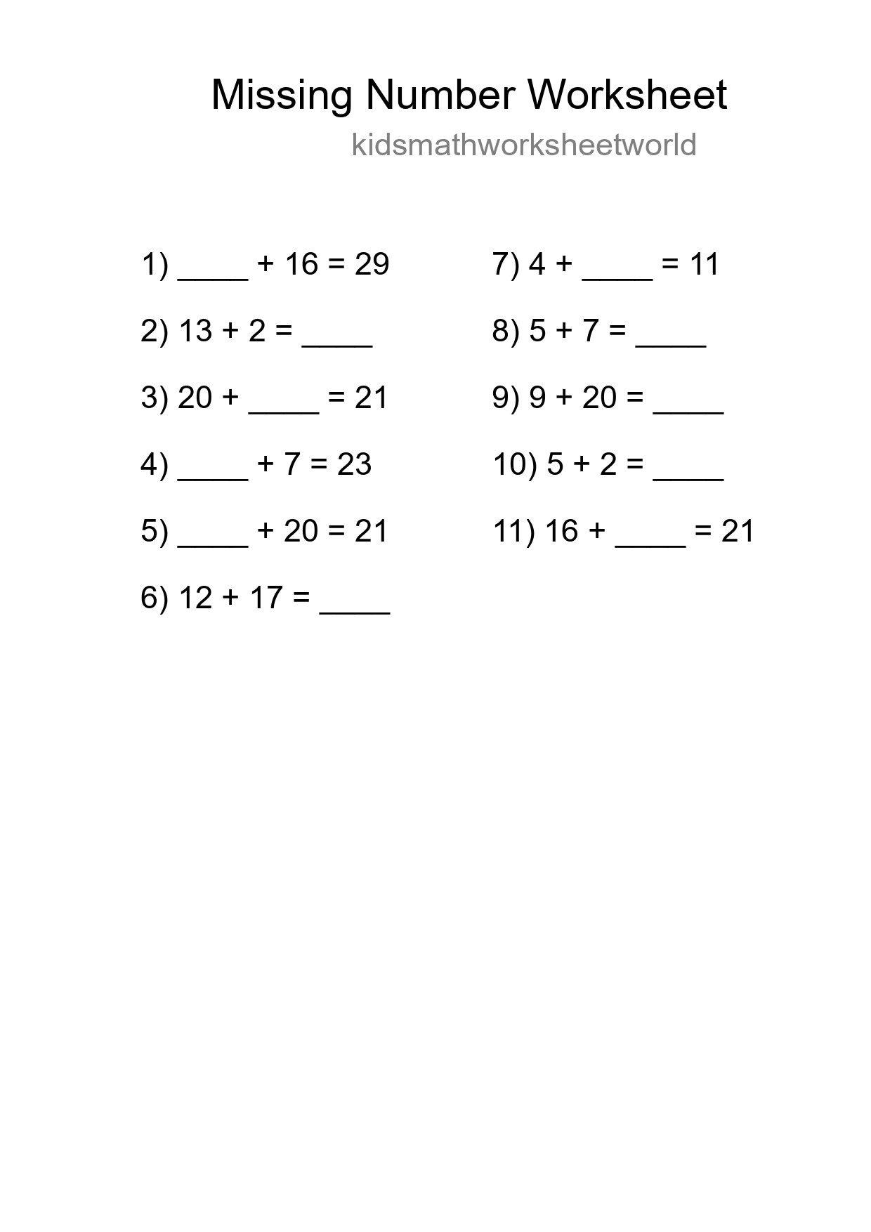 Missing Number Math Worksheet