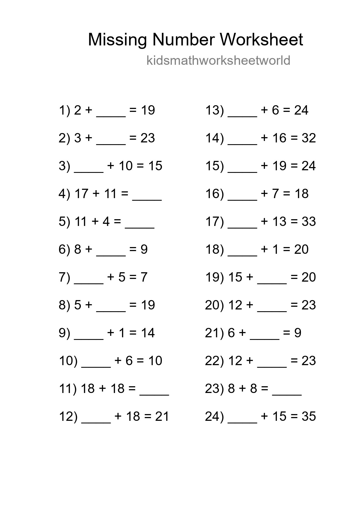 Missing Number Math Worksheet