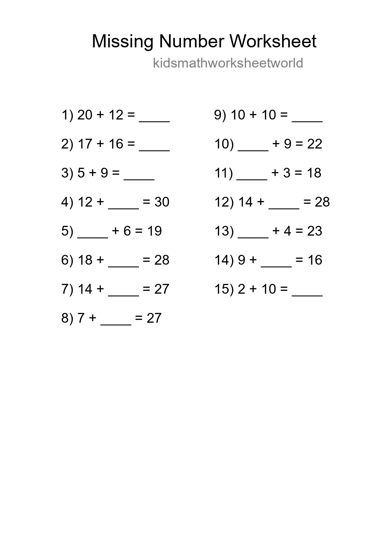 Missing Number Math Worksheet