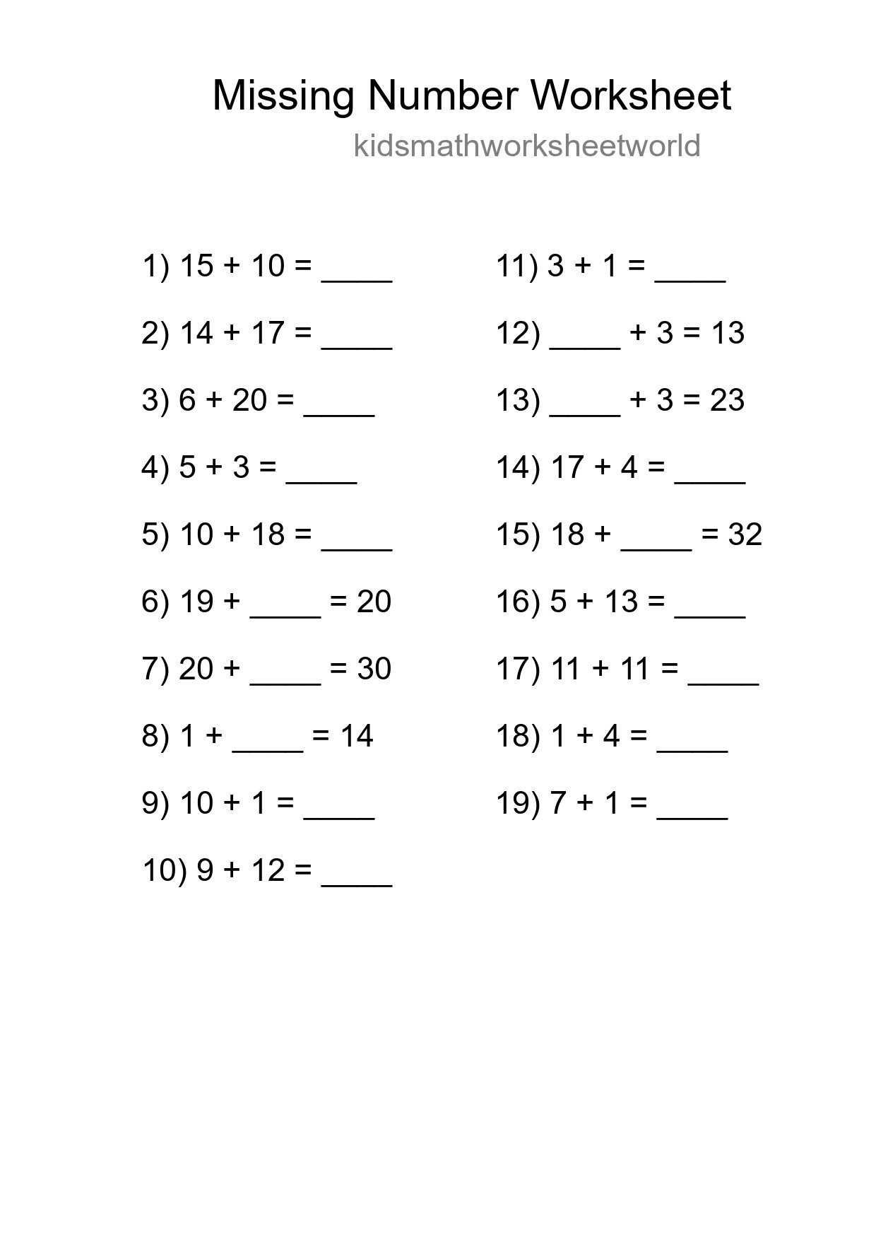 Missing Number Math Worksheet