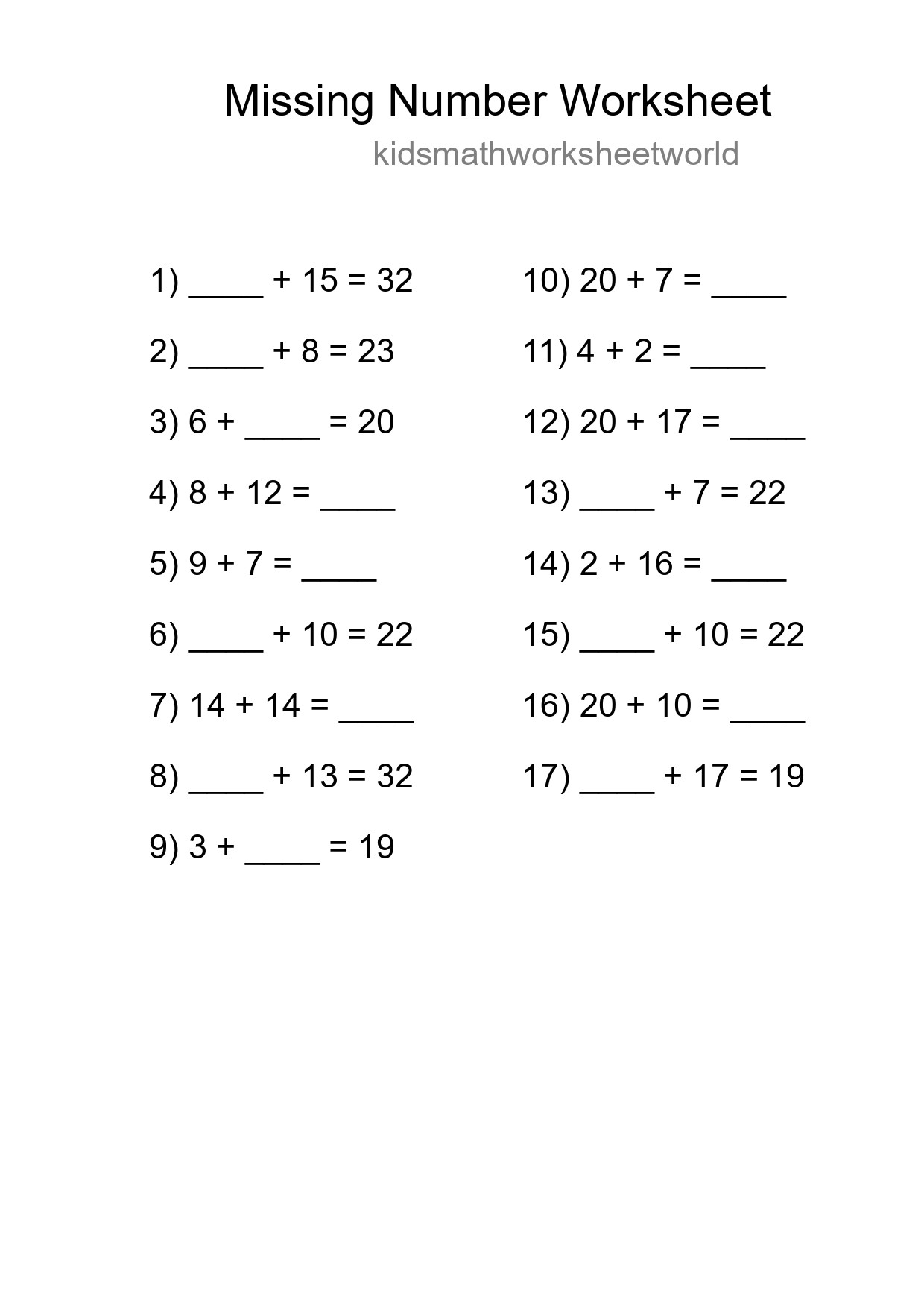 Missing Number Math Worksheet