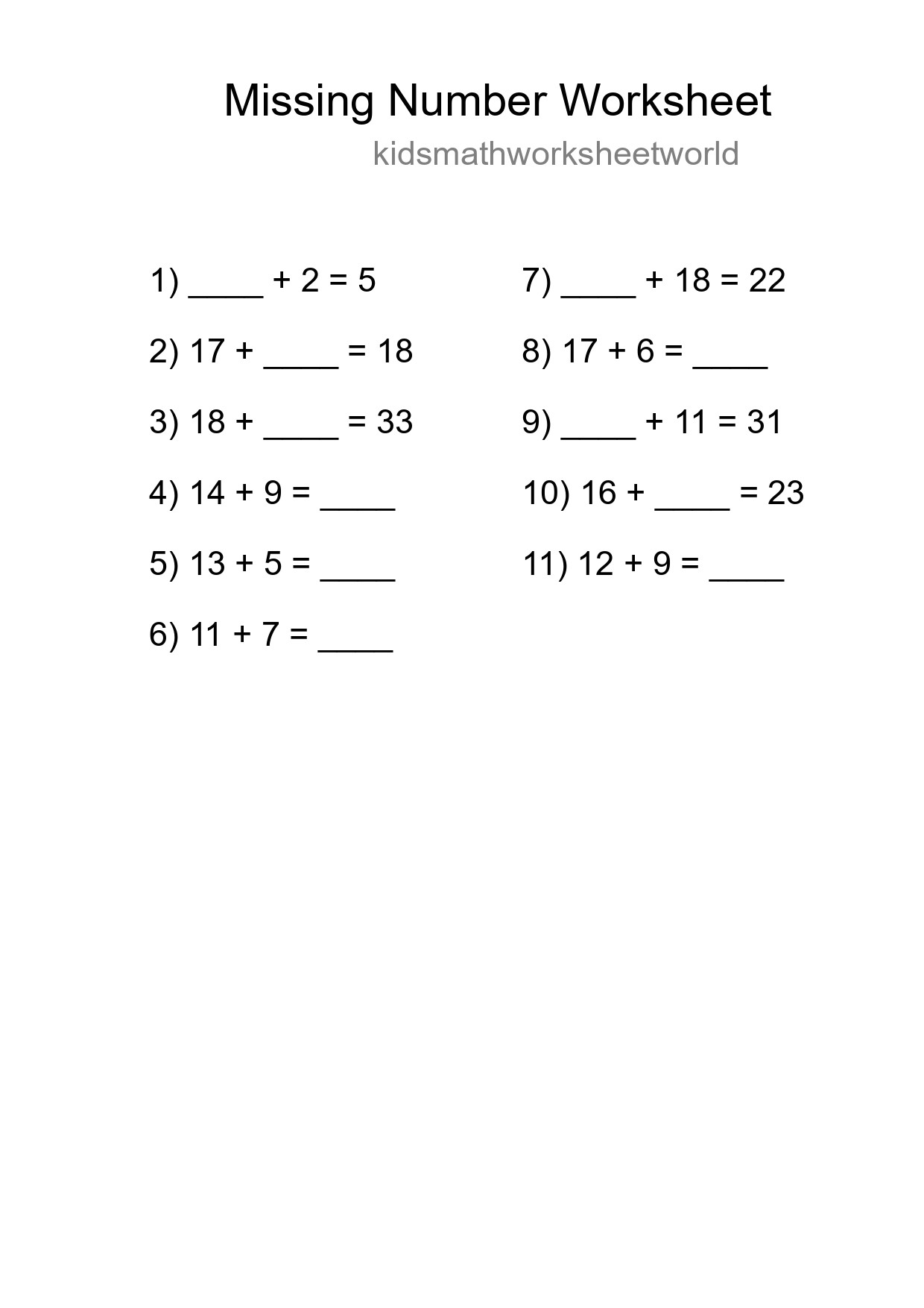 Missing Number Math Worksheet