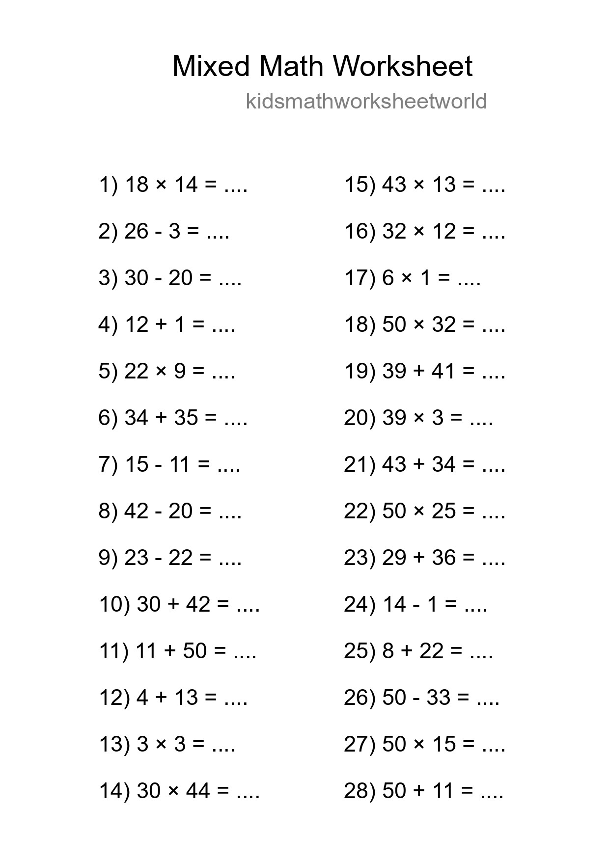 Mixed Operations Math Worksheet