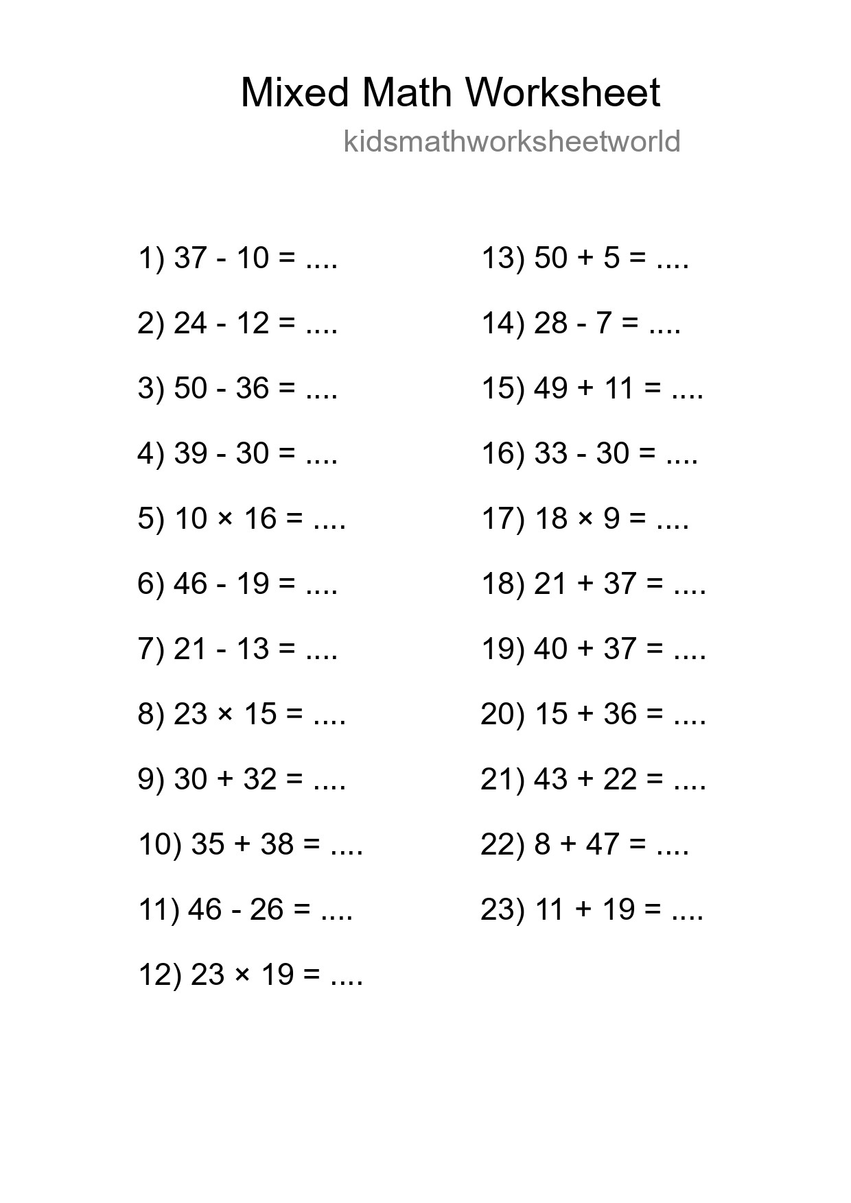 Mixed Operations Math Worksheet