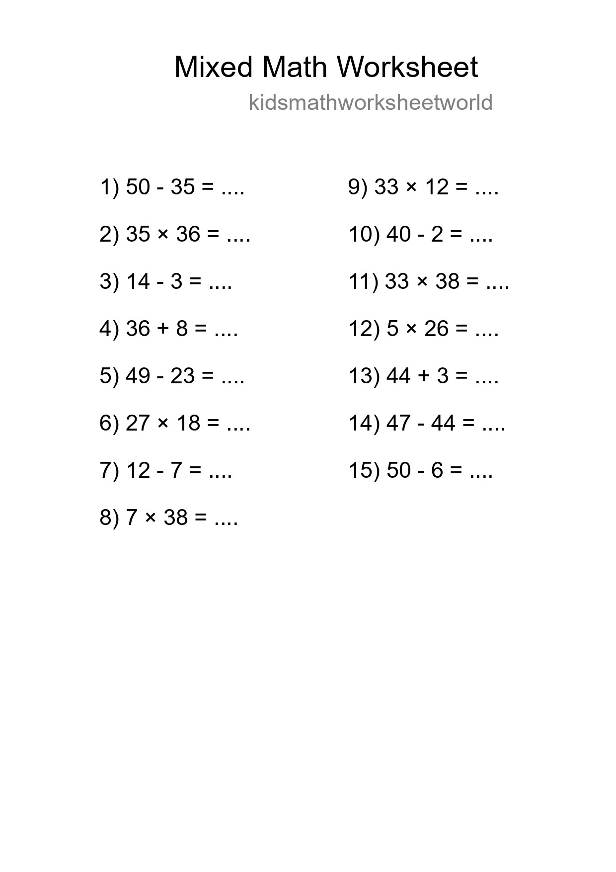 Mixed Operations Math Worksheet