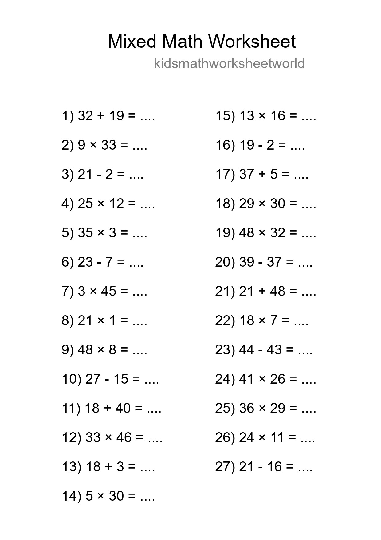 Mixed Operations Math Worksheet