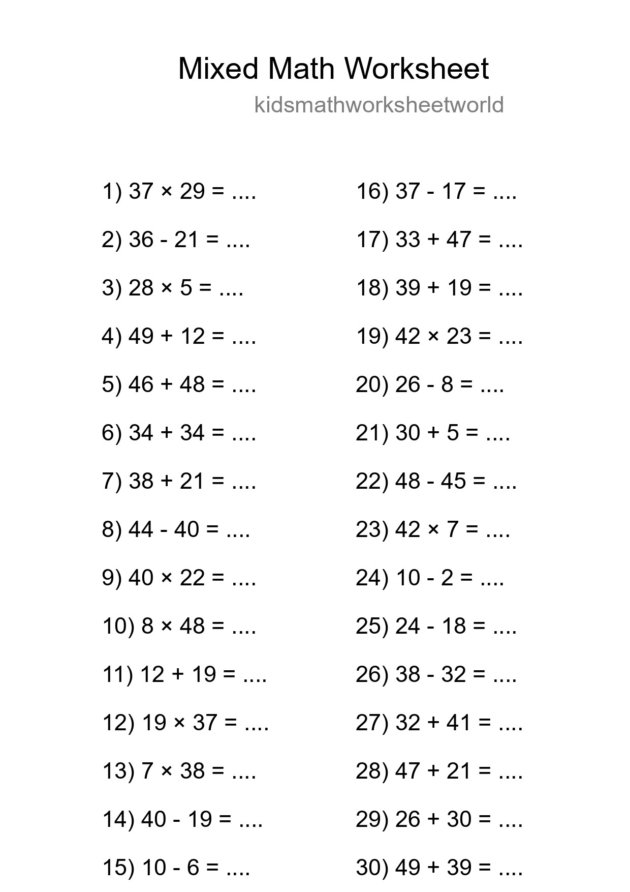 Mixed Operations Math Worksheet