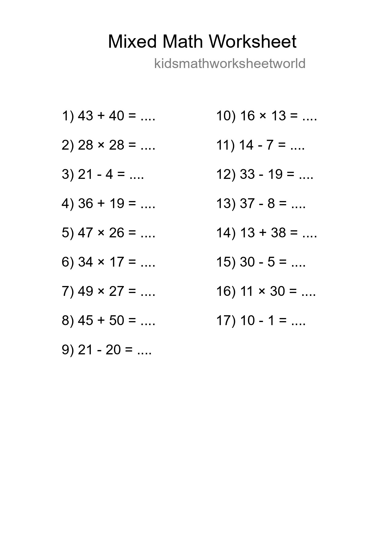Mixed Operations Math Worksheet