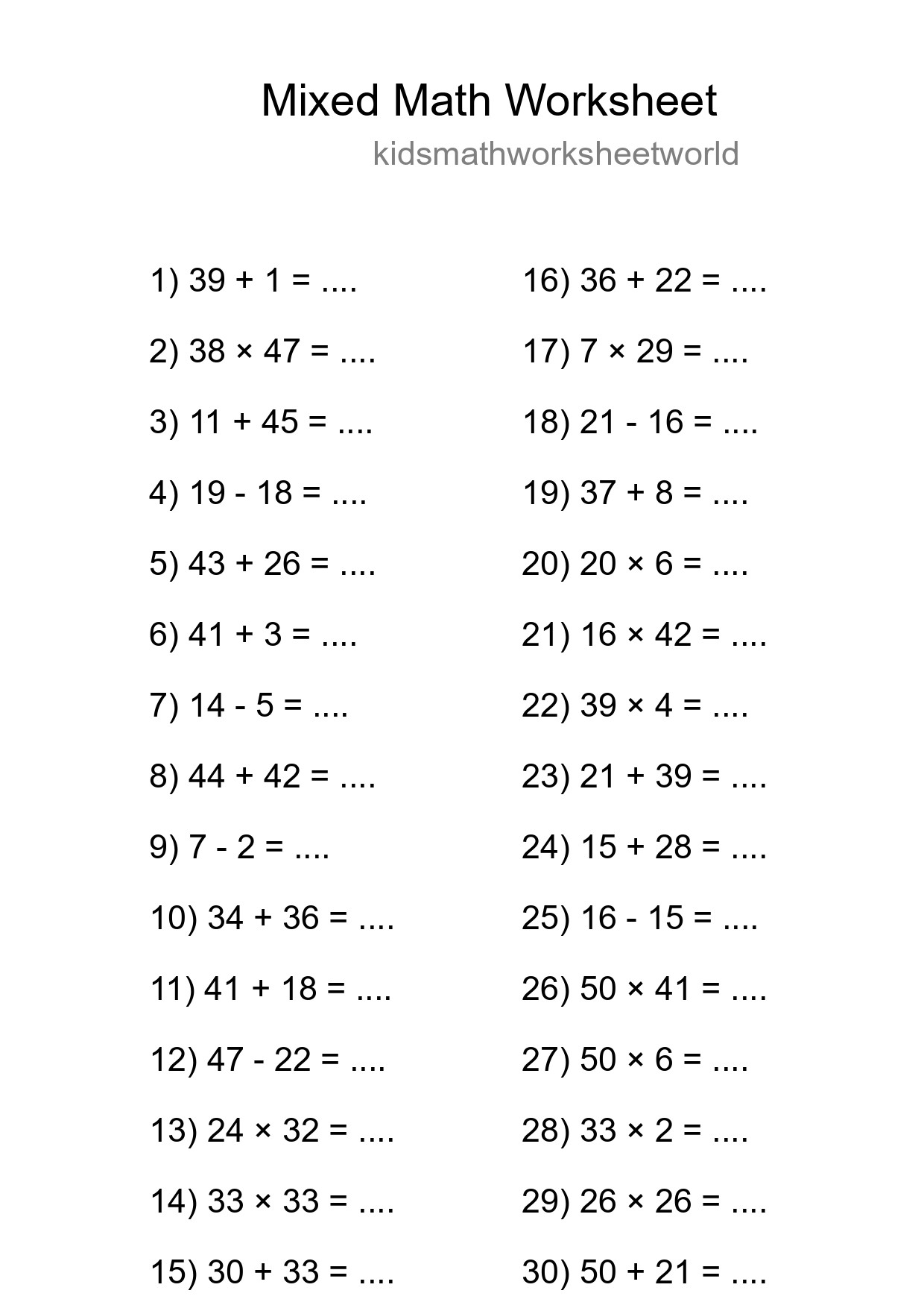Mixed Operations Math Worksheet