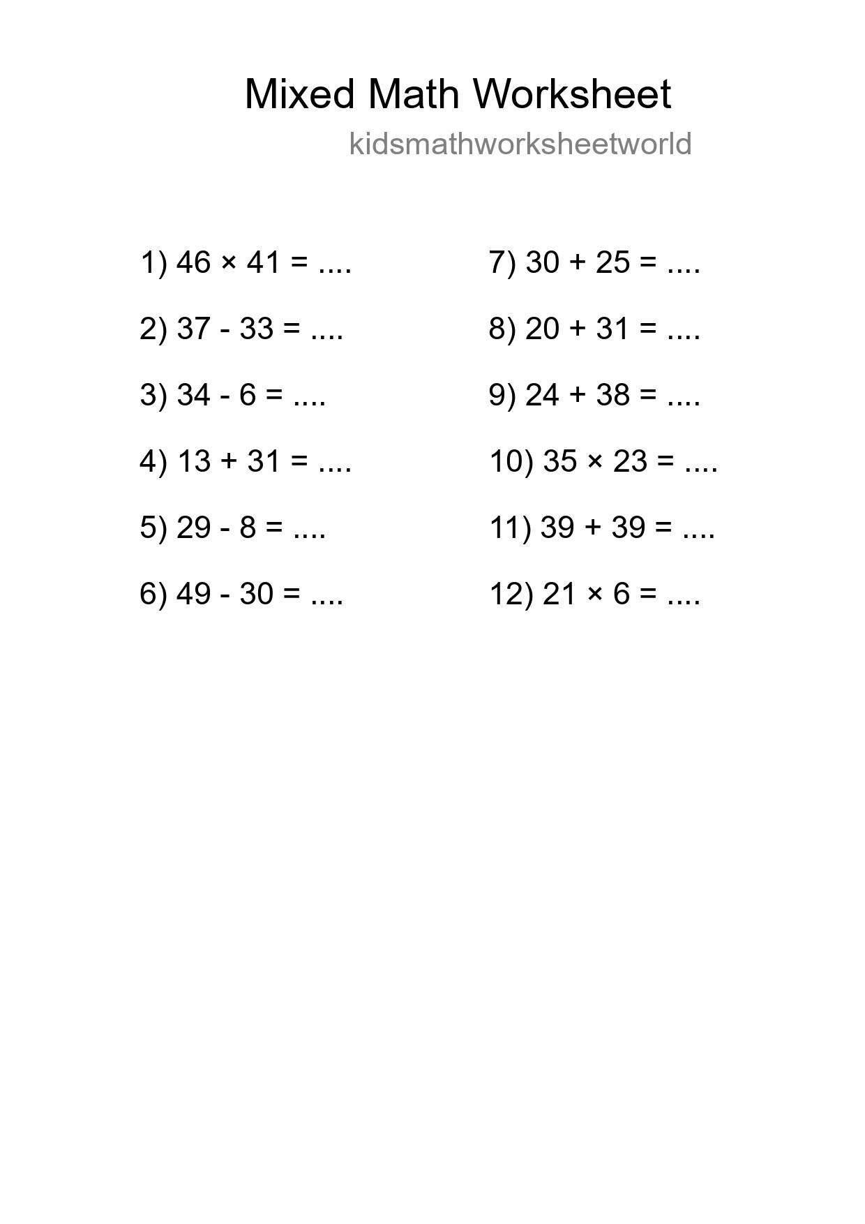 Mixed Operations Math Worksheet
