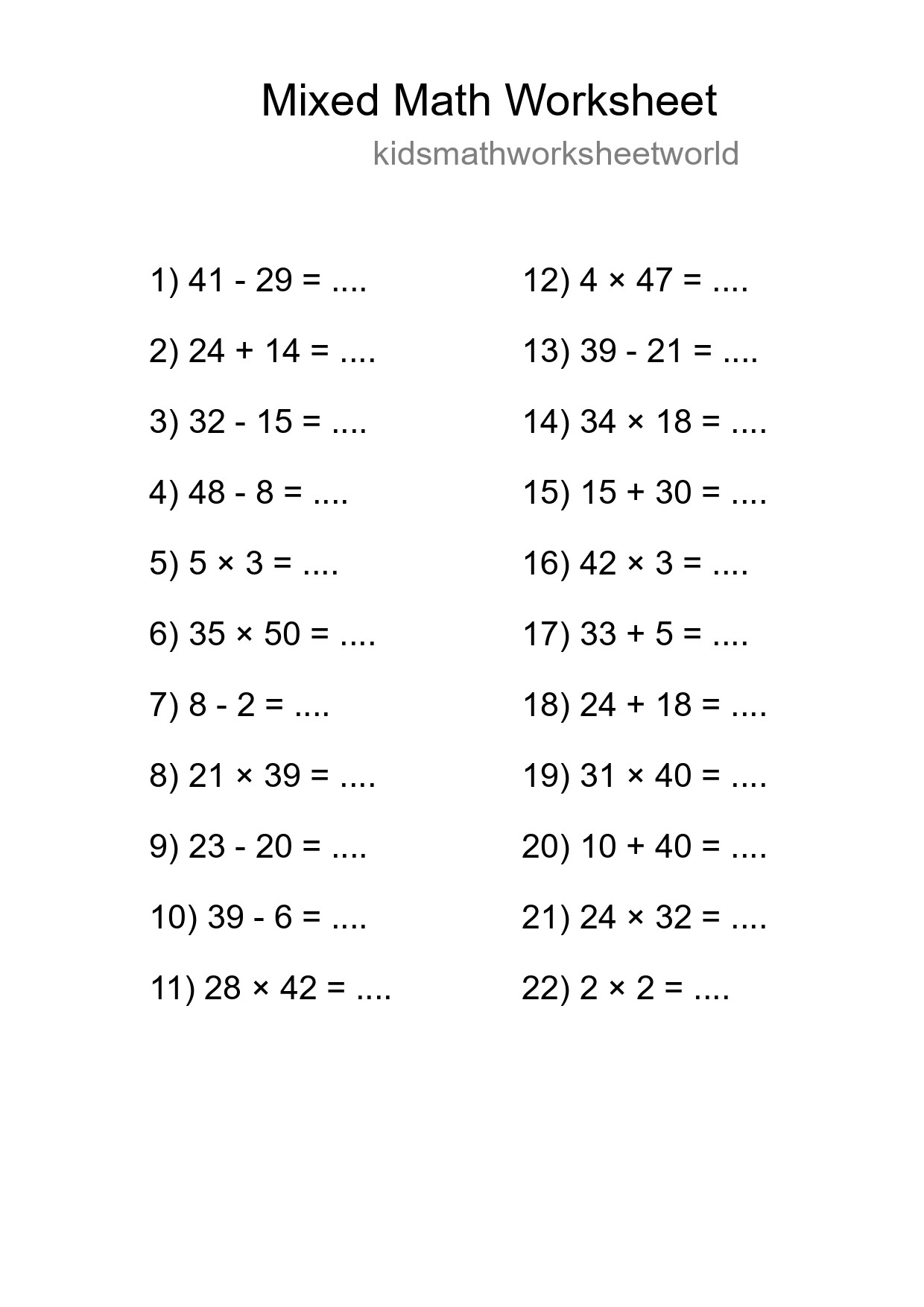 Mixed Operations Math Worksheet