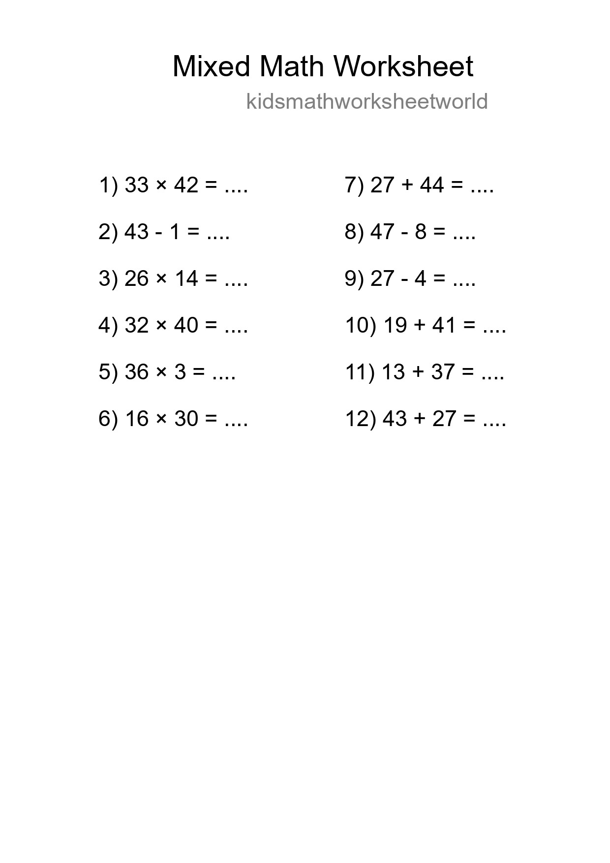 Mixed Operations Math Worksheet