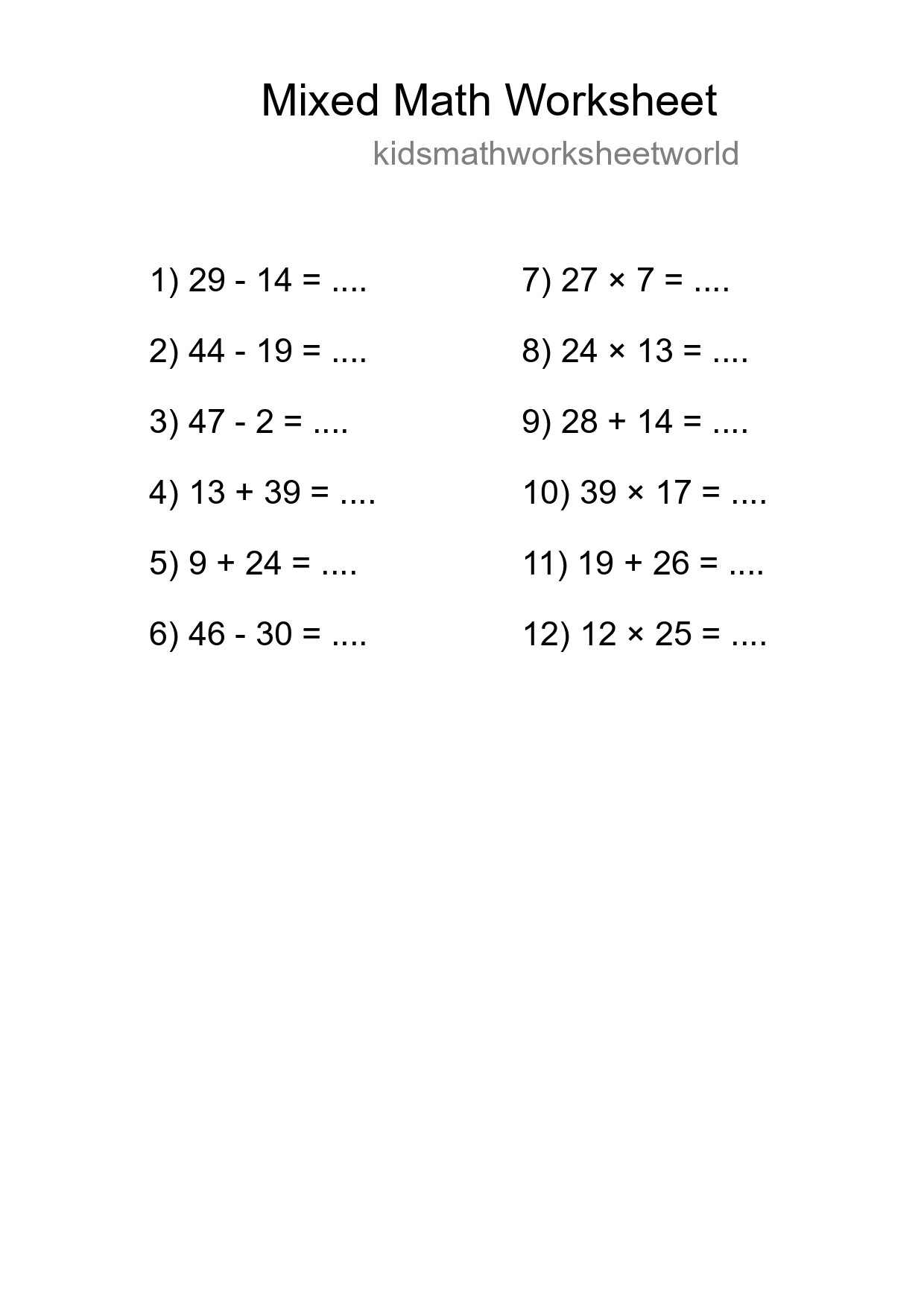 Mixed Operations Math Worksheet
