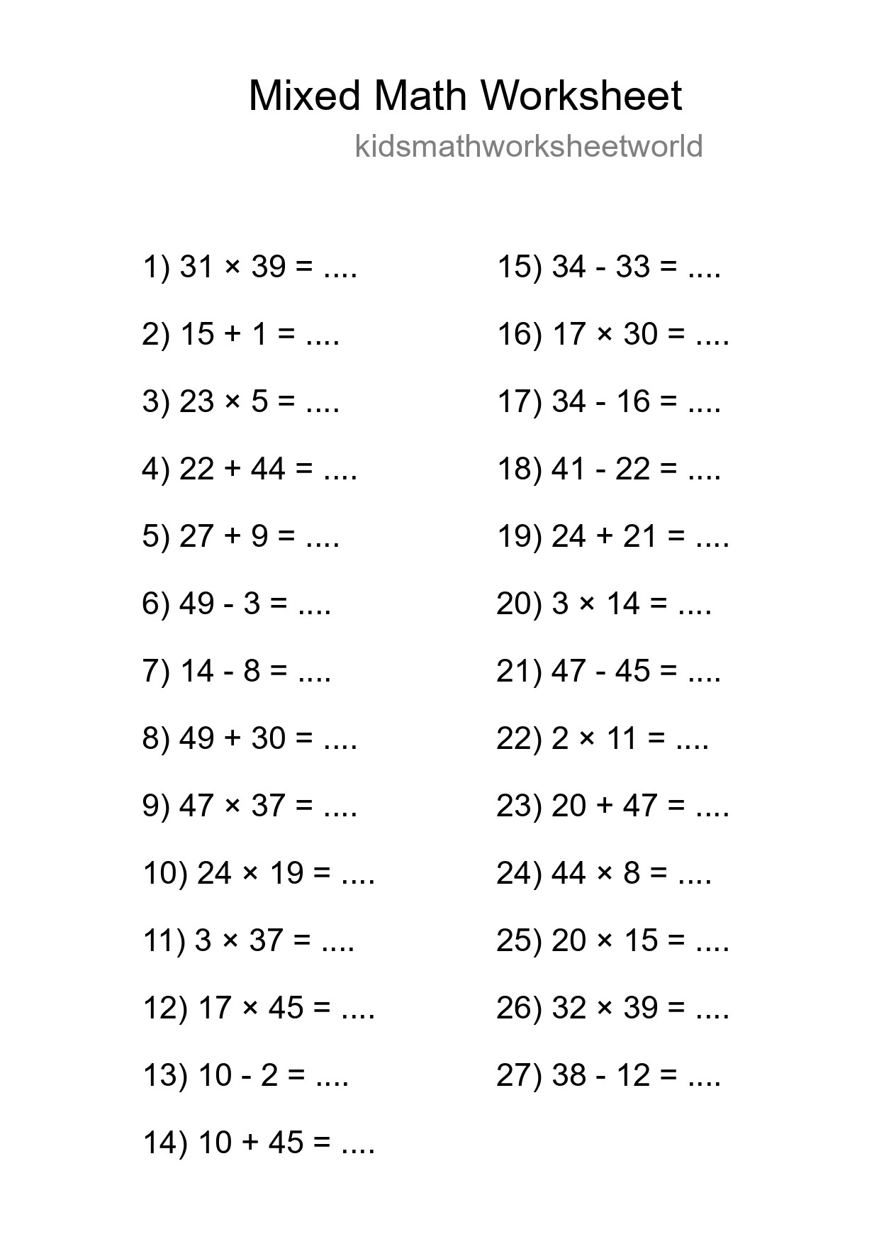 Mixed Operations Math Worksheet