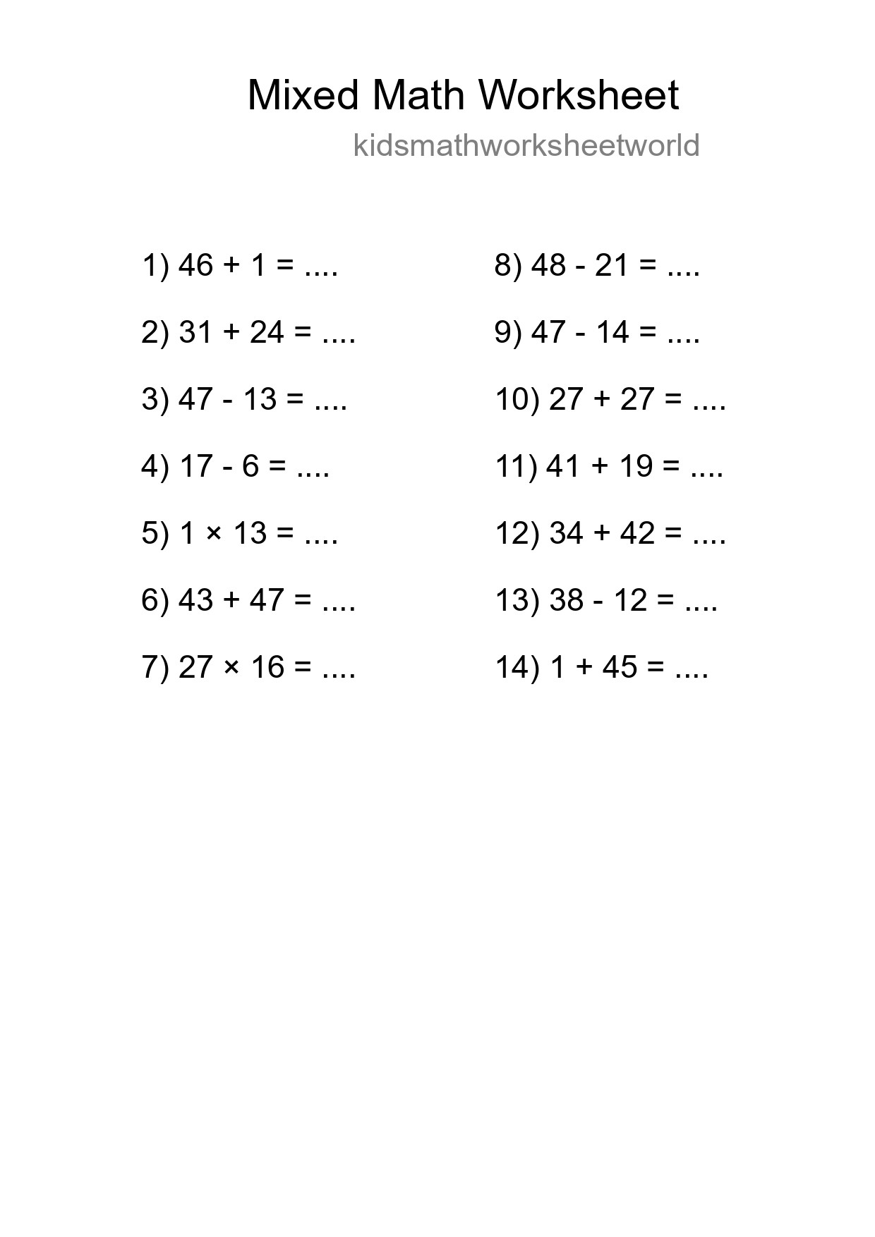 Mixed Operations Math Worksheet