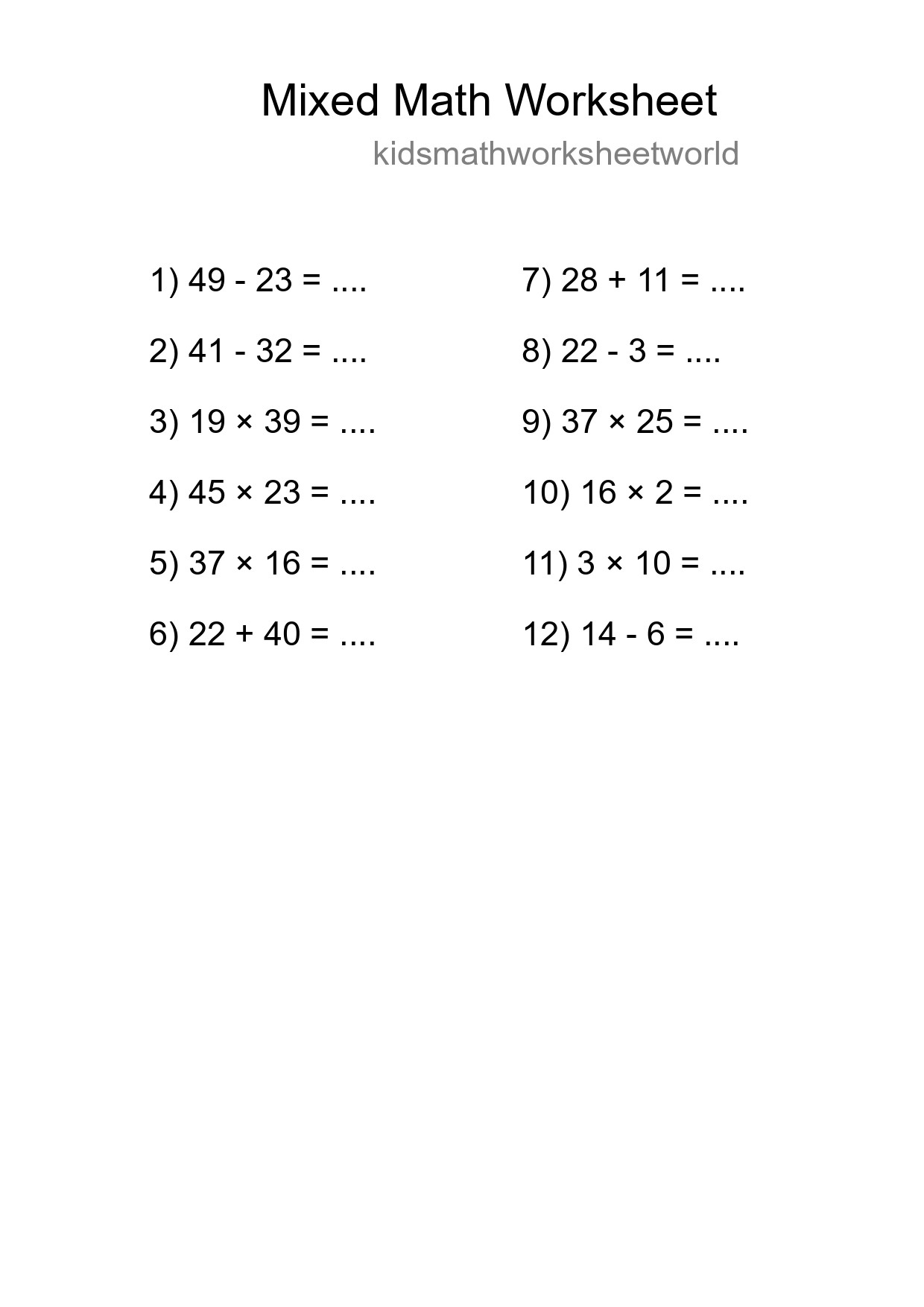 Mixed Operations Math Worksheet