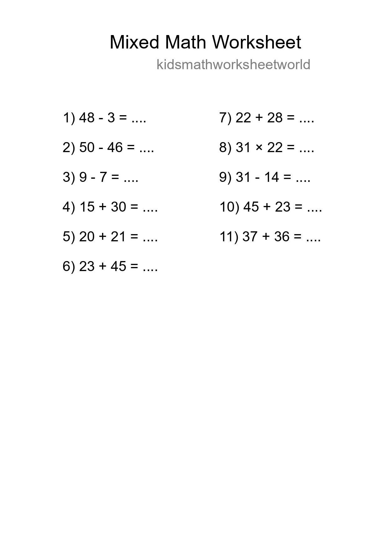 Mixed Operations Math Worksheet