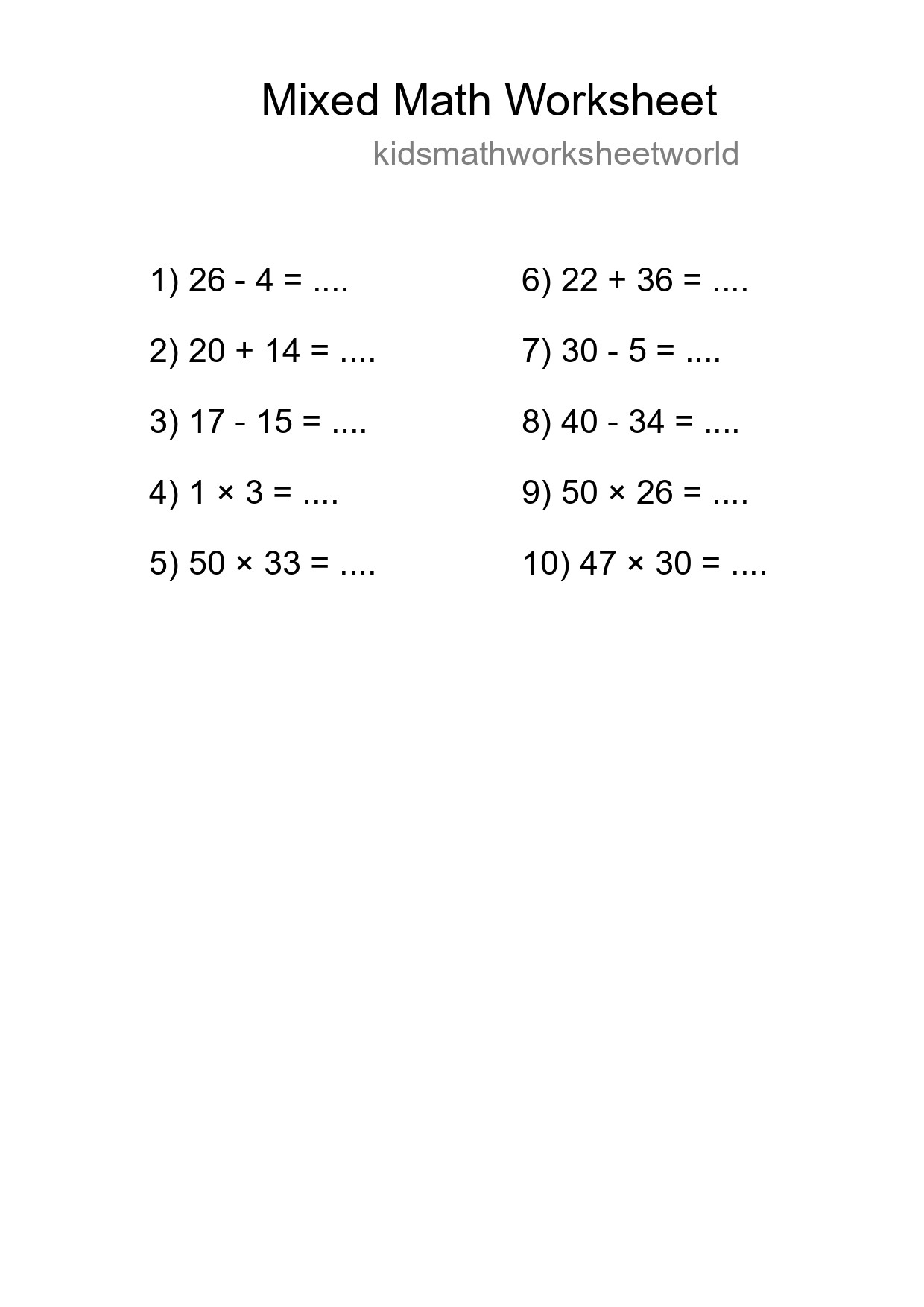 Mixed Operations Math Worksheet