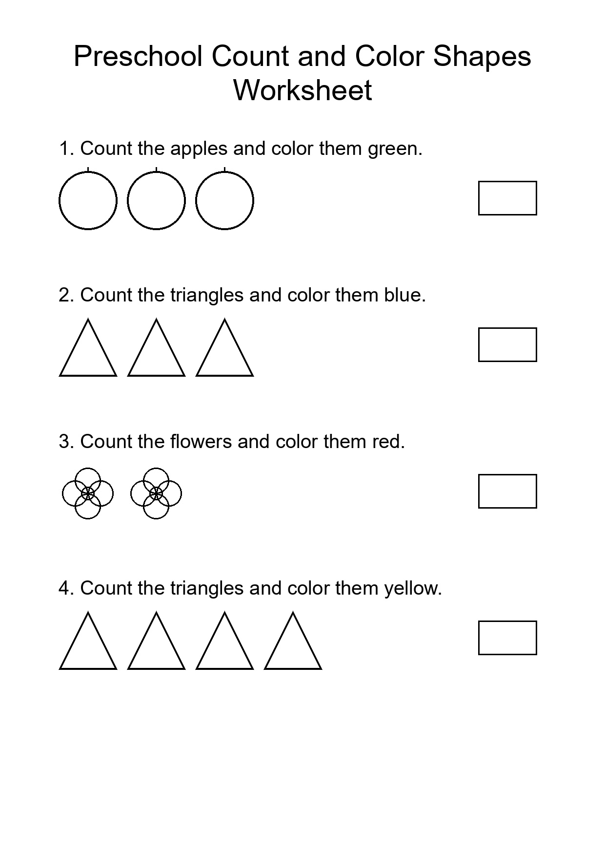 Preschool Count and Color Shapes Worksheet