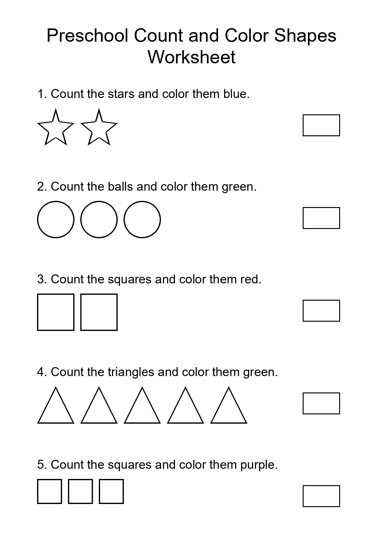 Preschool Count and Color Shapes Worksheet