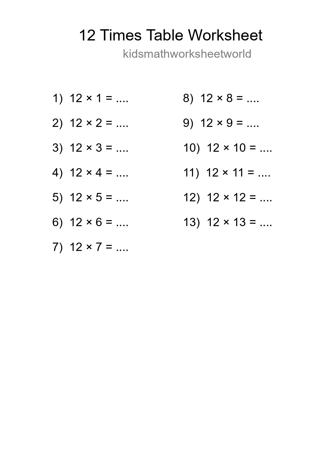 Printable 12 Times Table Worksheet For Grade 4 - Part 64