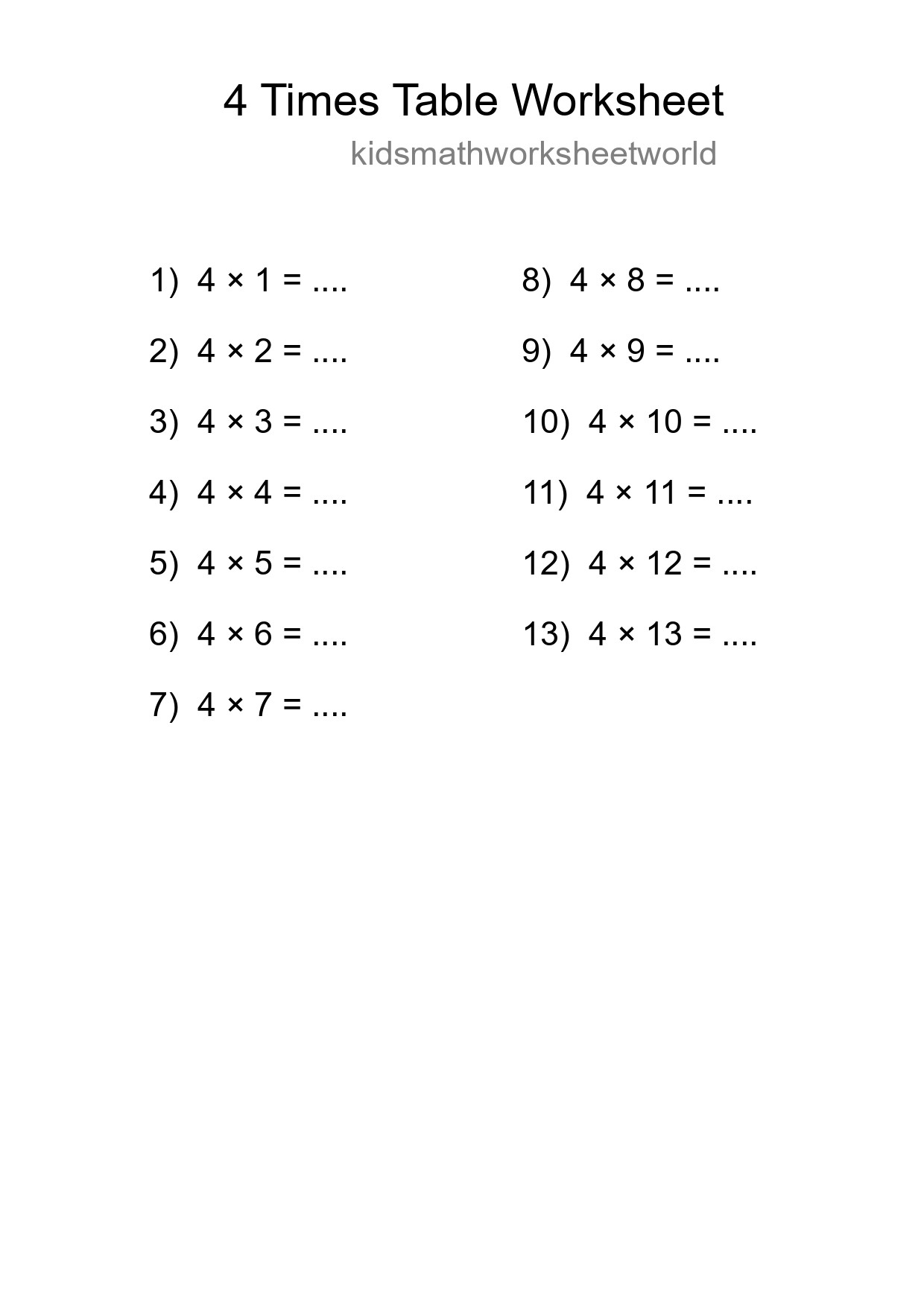 Printable 4 Times Table Worksheet For Grade 2 - Part 152
