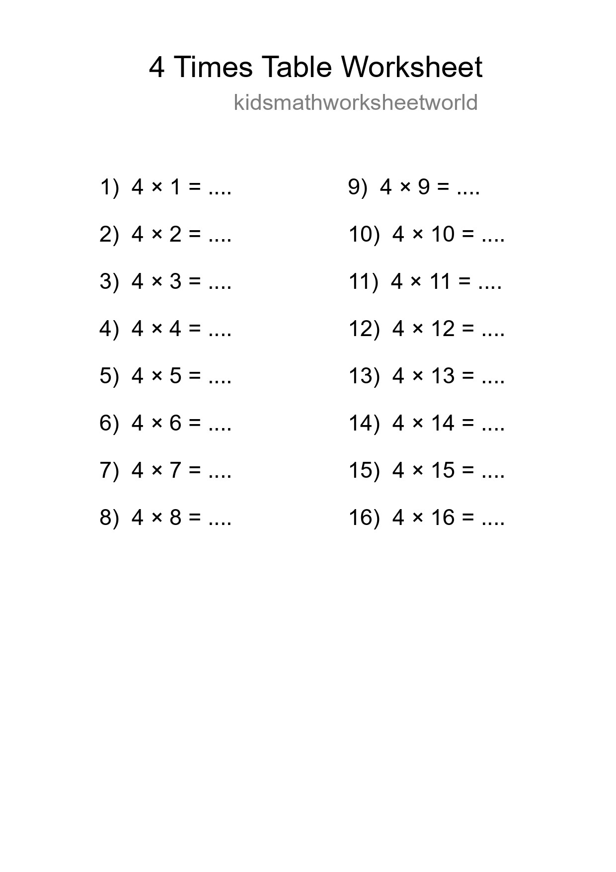 Printable 4 Times Table Worksheet For Grade 2 - Part 262