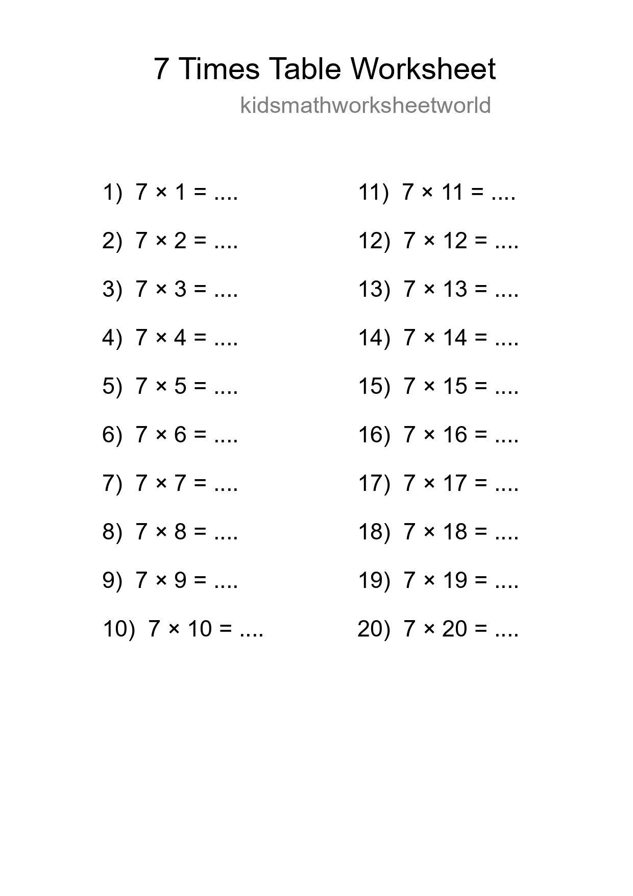 Printable 7 Times Table Worksheet For Grade 3 - Part 31