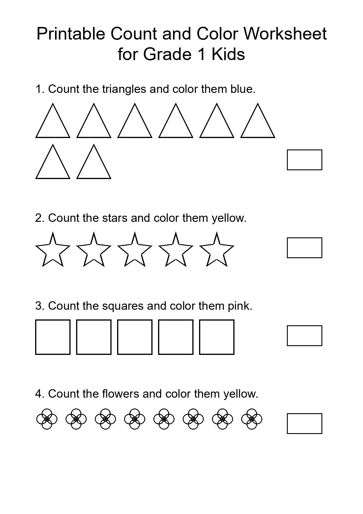 Printable Count and Color Worksheet for Grade 1 Kids
