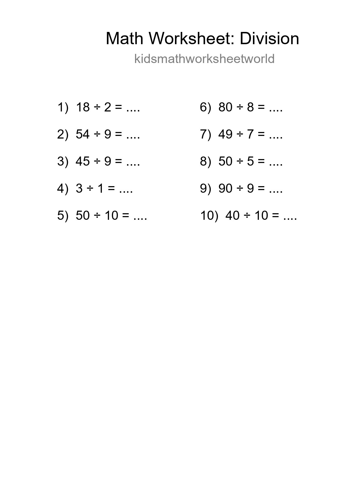 Printable Free 10 Division Math Worksheet For Grade 1 - Part 37