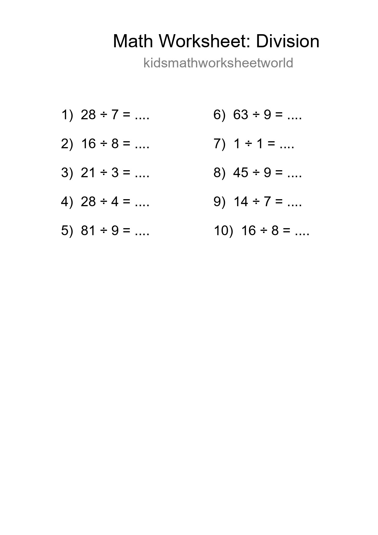 Printable Free 10 Division Math Worksheet For Grade 1 - Part 92