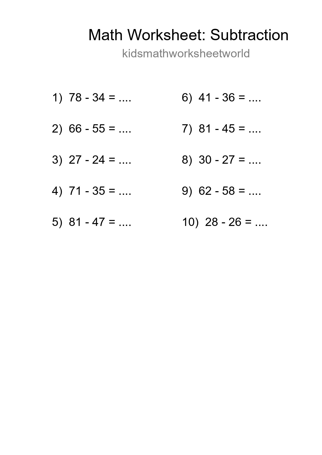 Printable Free 10 Subtraction Math Worksheet For Grade 3 - Part 250