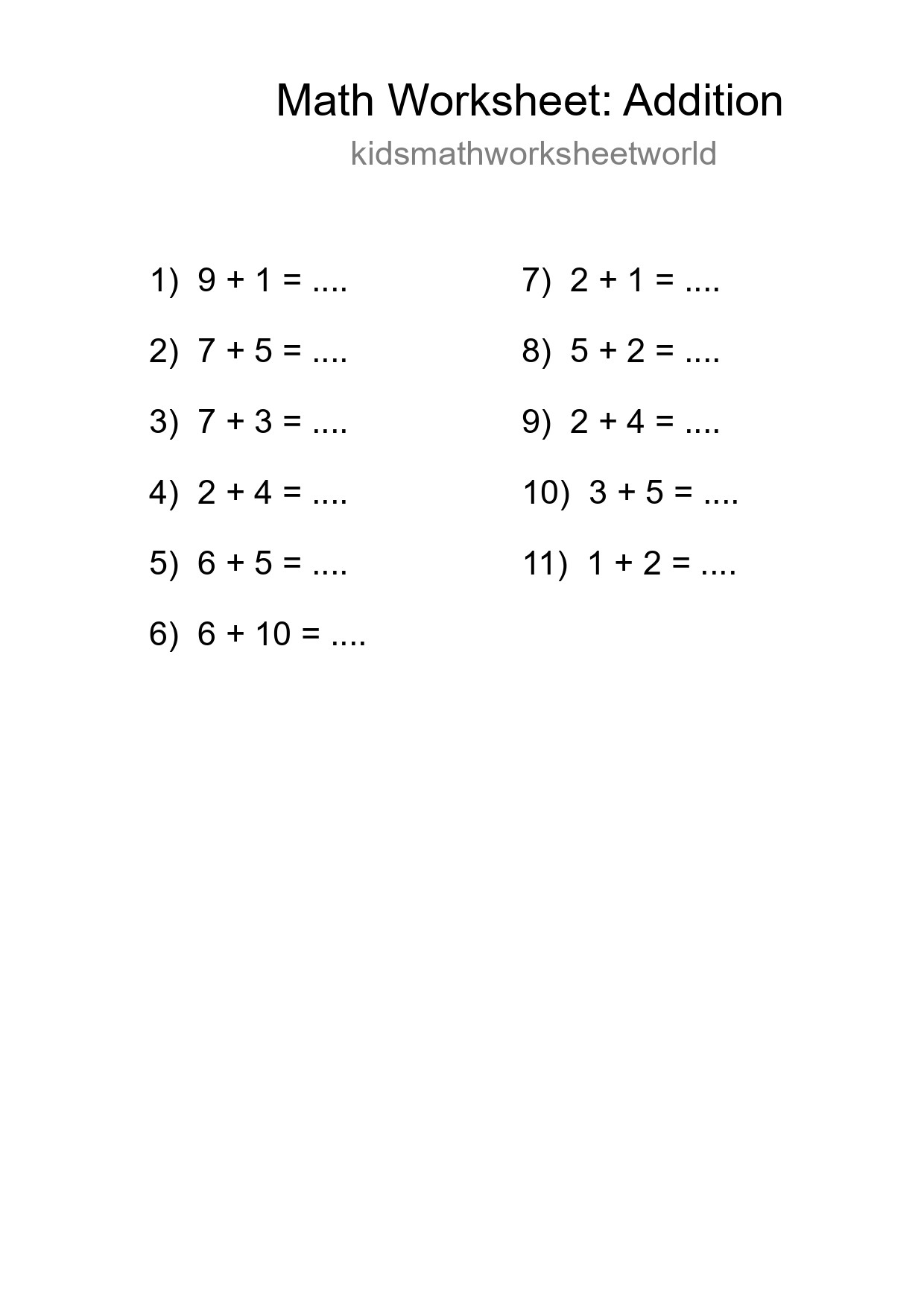 Printable Free 11 Addition Math Worksheet For Grade 1 - Part 177